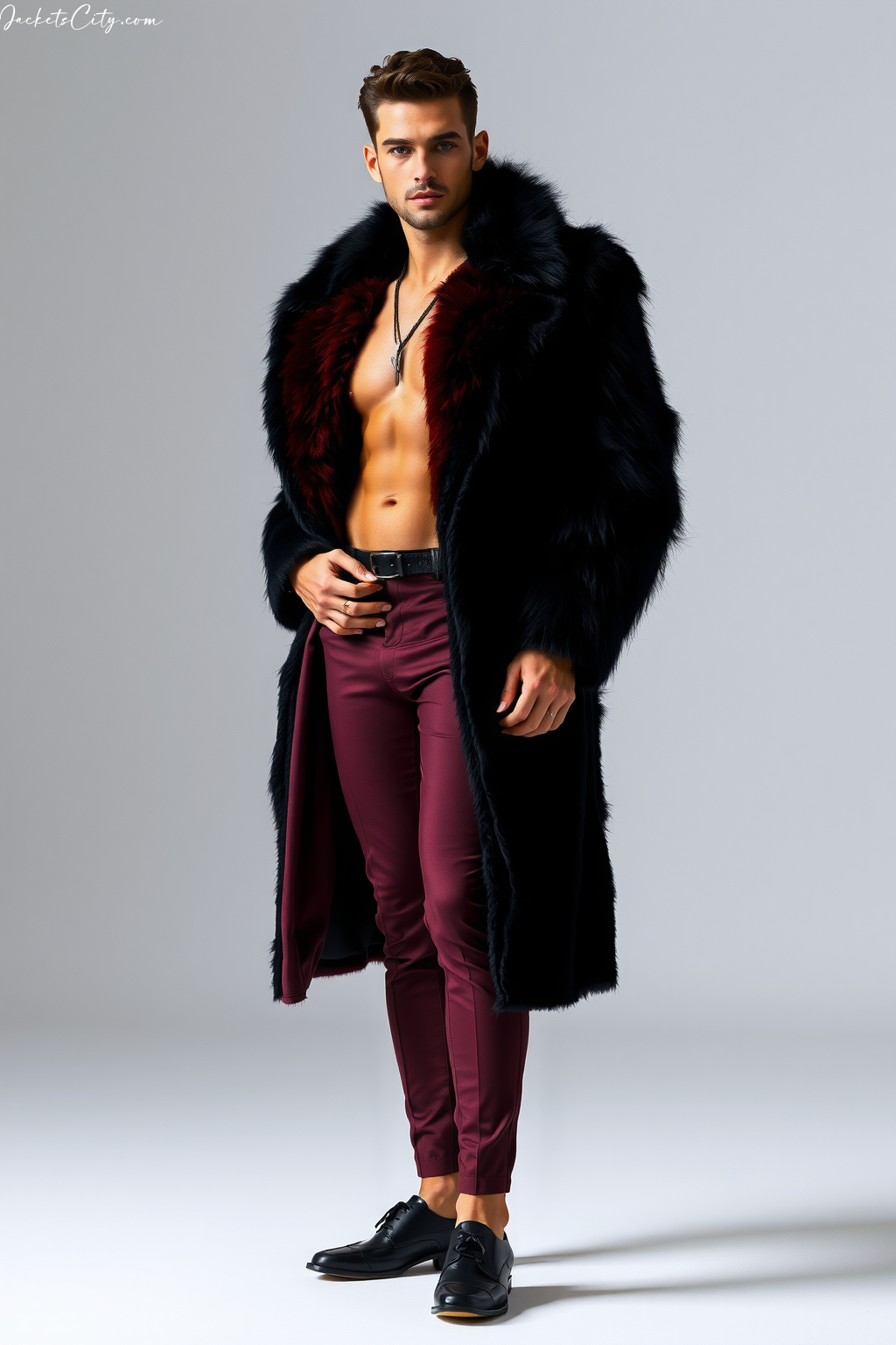 Burgundy And Black Long Fur Coat Gothic Glamour