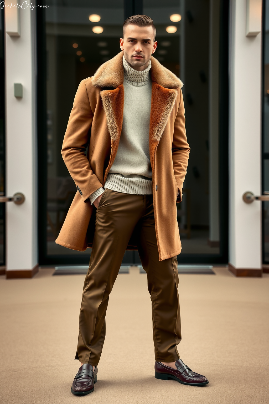 Camel Long Fur Coat Cream Sweater