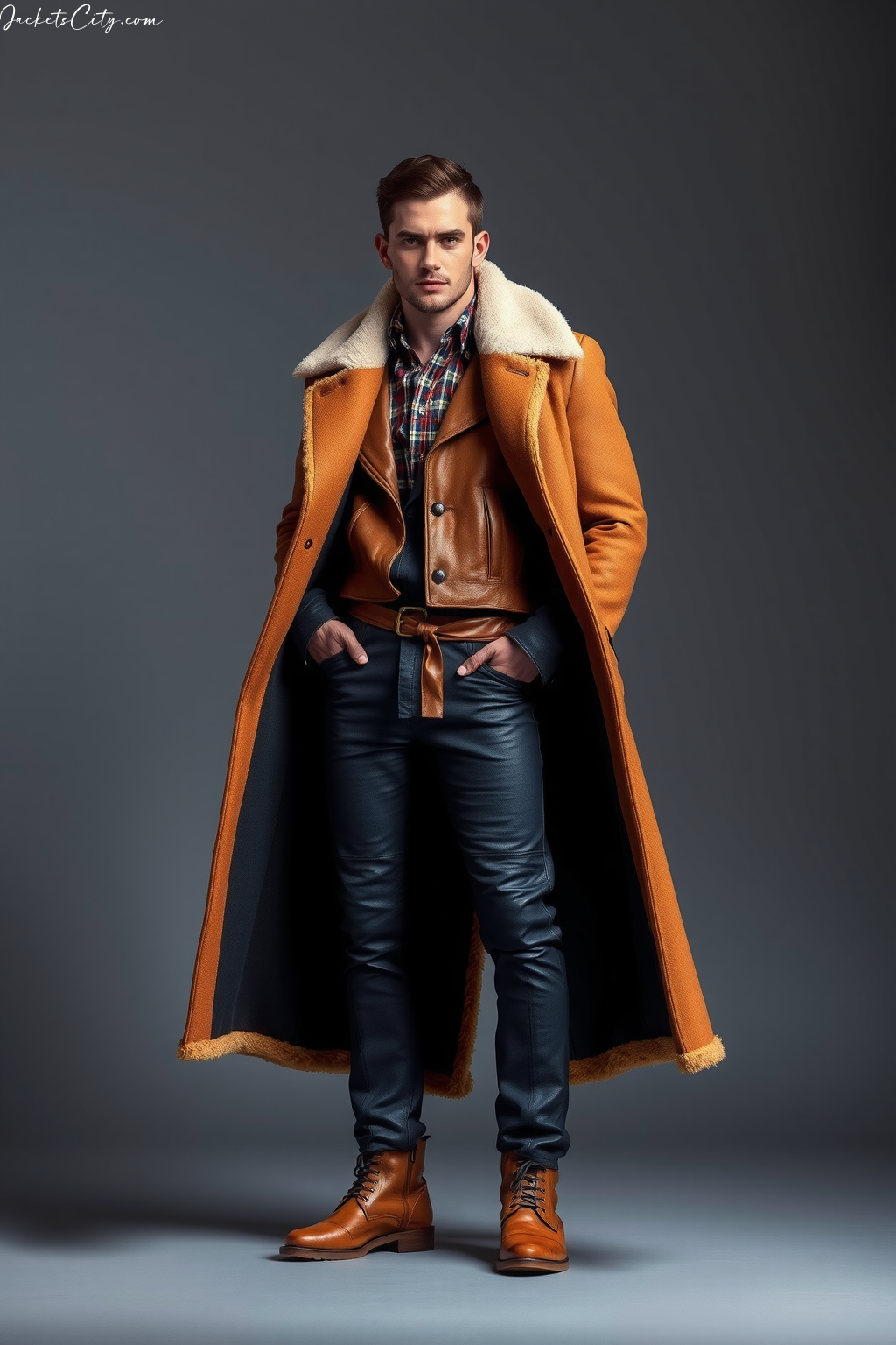 Caramel Long Shearling Coat Leather Outfit