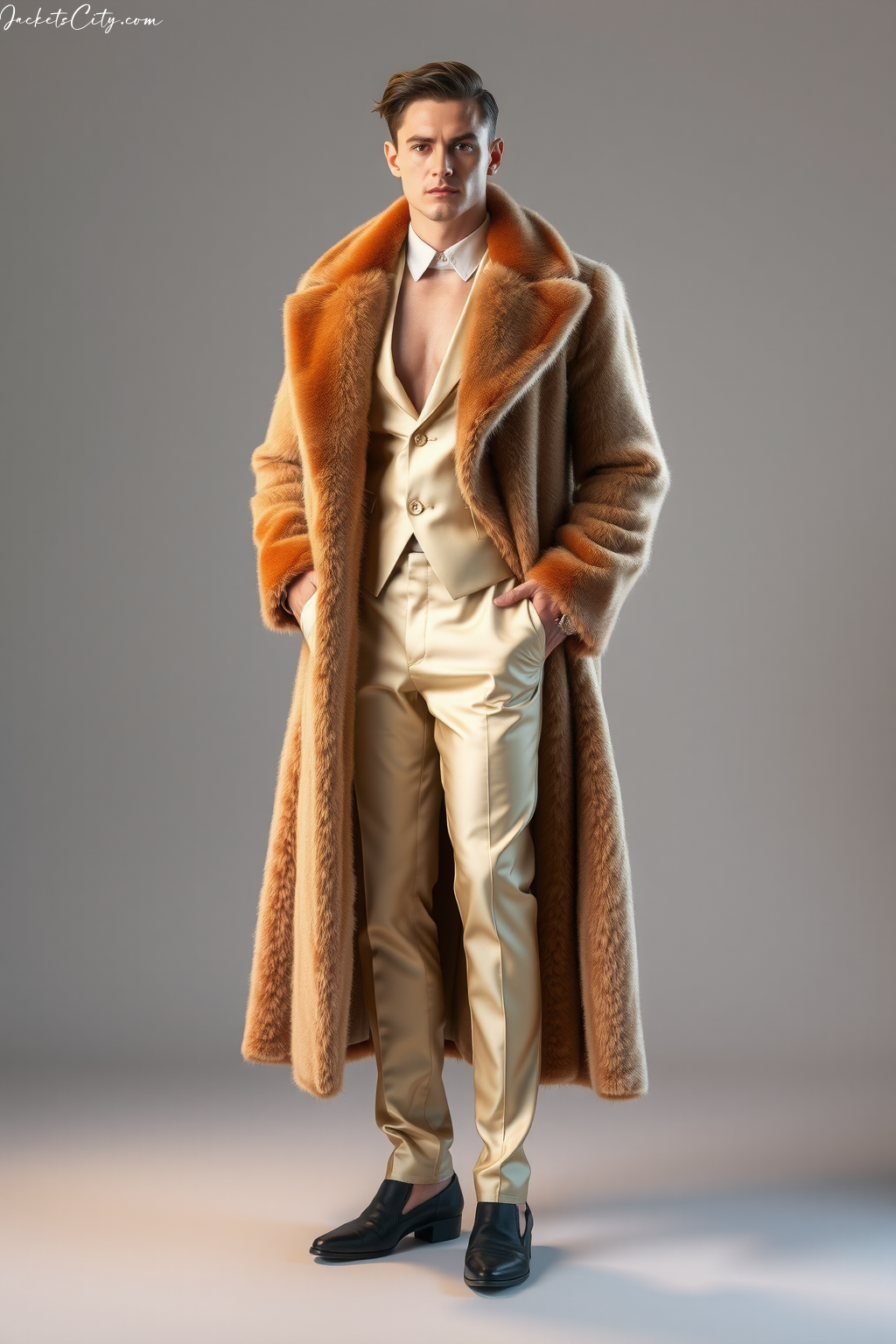 Champagne Long Fur Coat Evening Gown