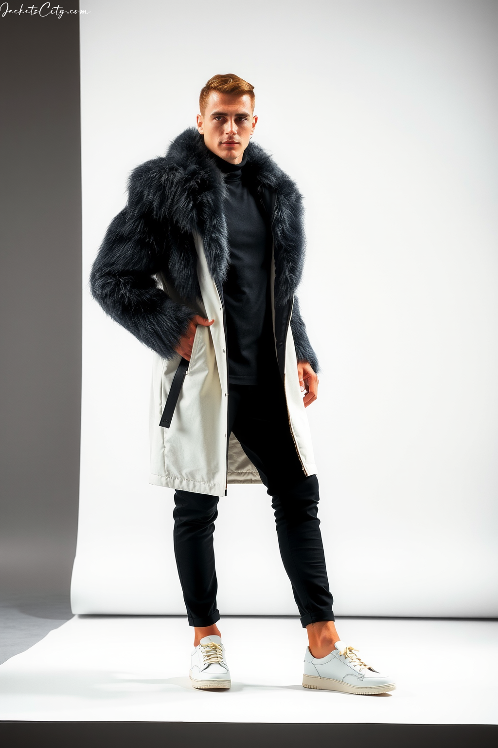 Charcoal And White Long Fur Coat Contrast Outfit