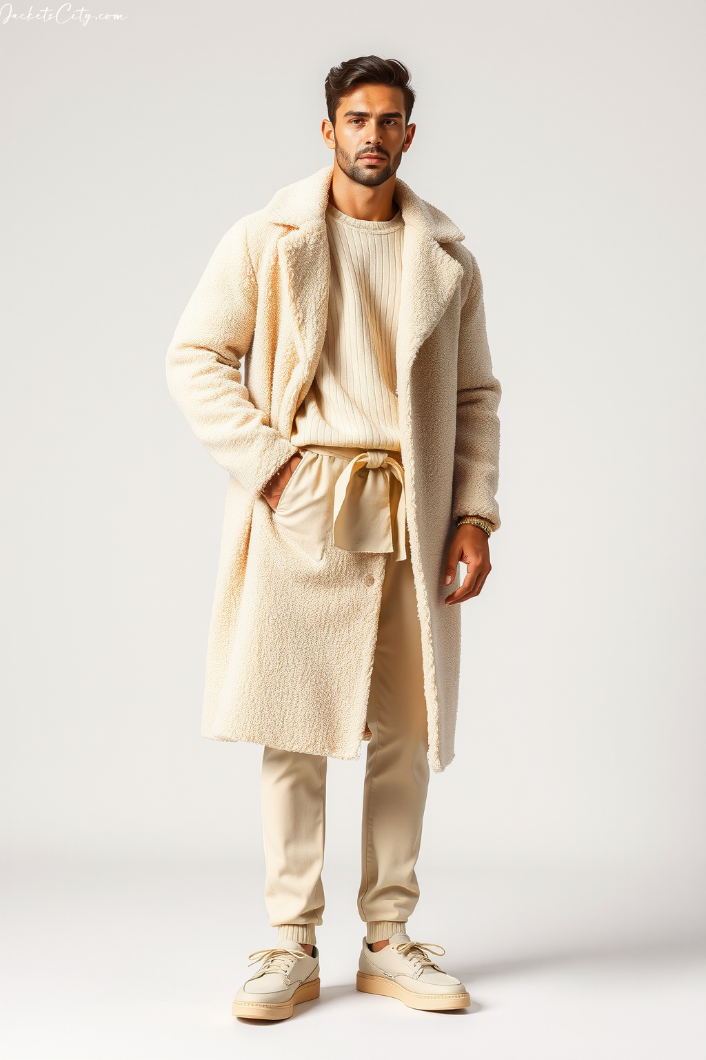 Cream Long Teddy Coat Monochrome Beige Outfit