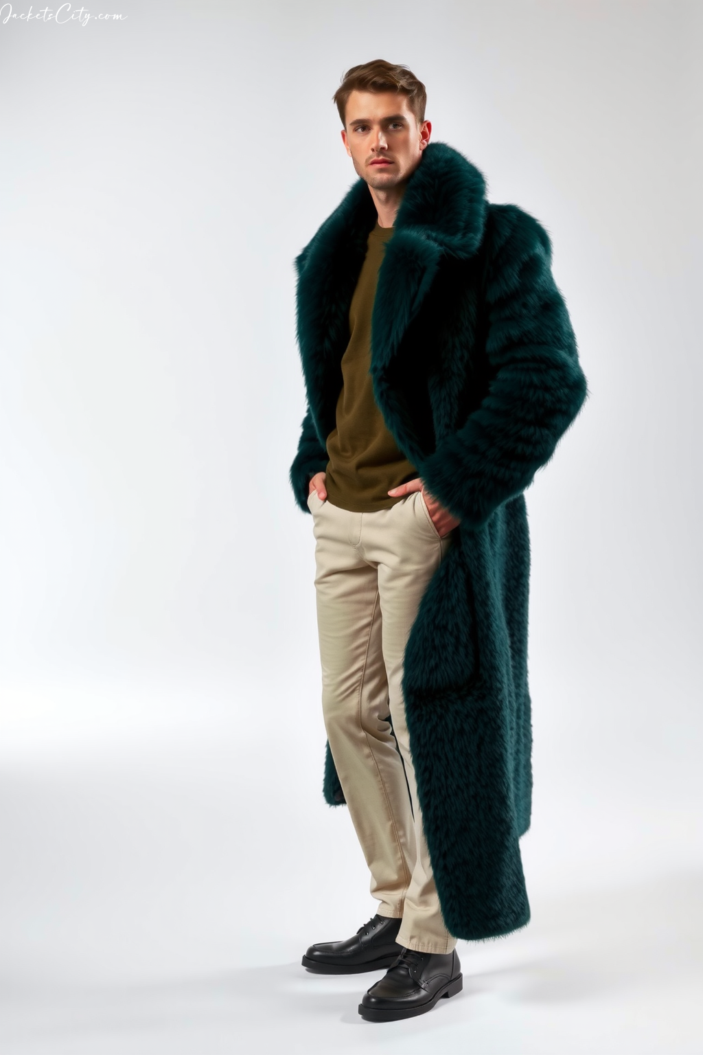 Forest Green Long Fur Coat Neutral Outfit