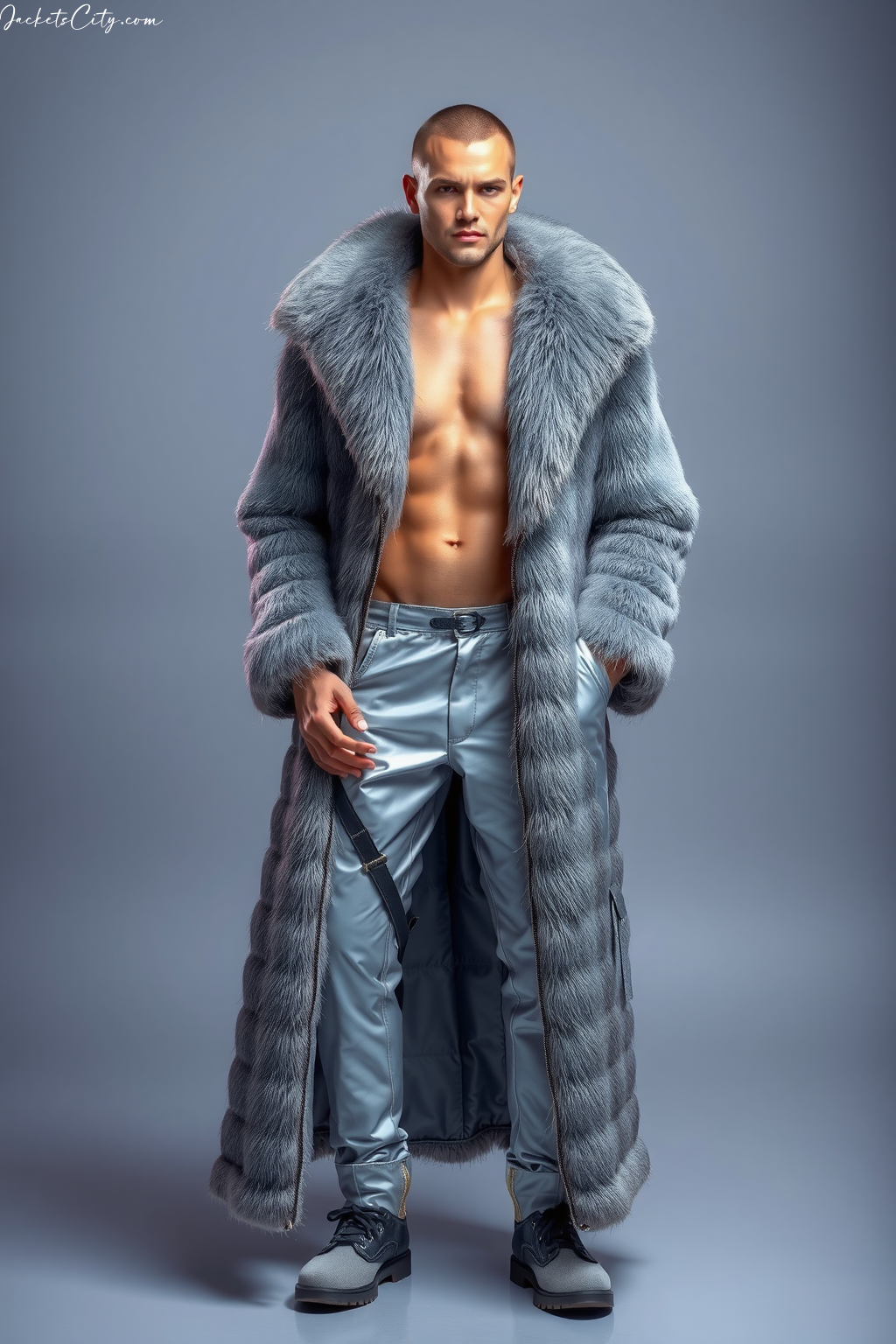 Metallic Silver Long Fur Coat Futuristic Outfit