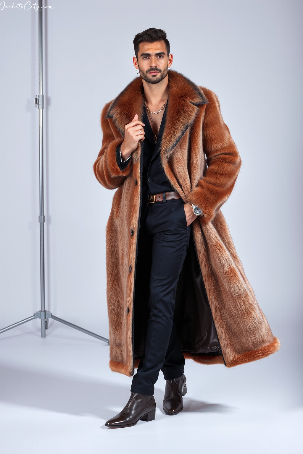 Rose Gold Long Fur Coat Metallic Accents