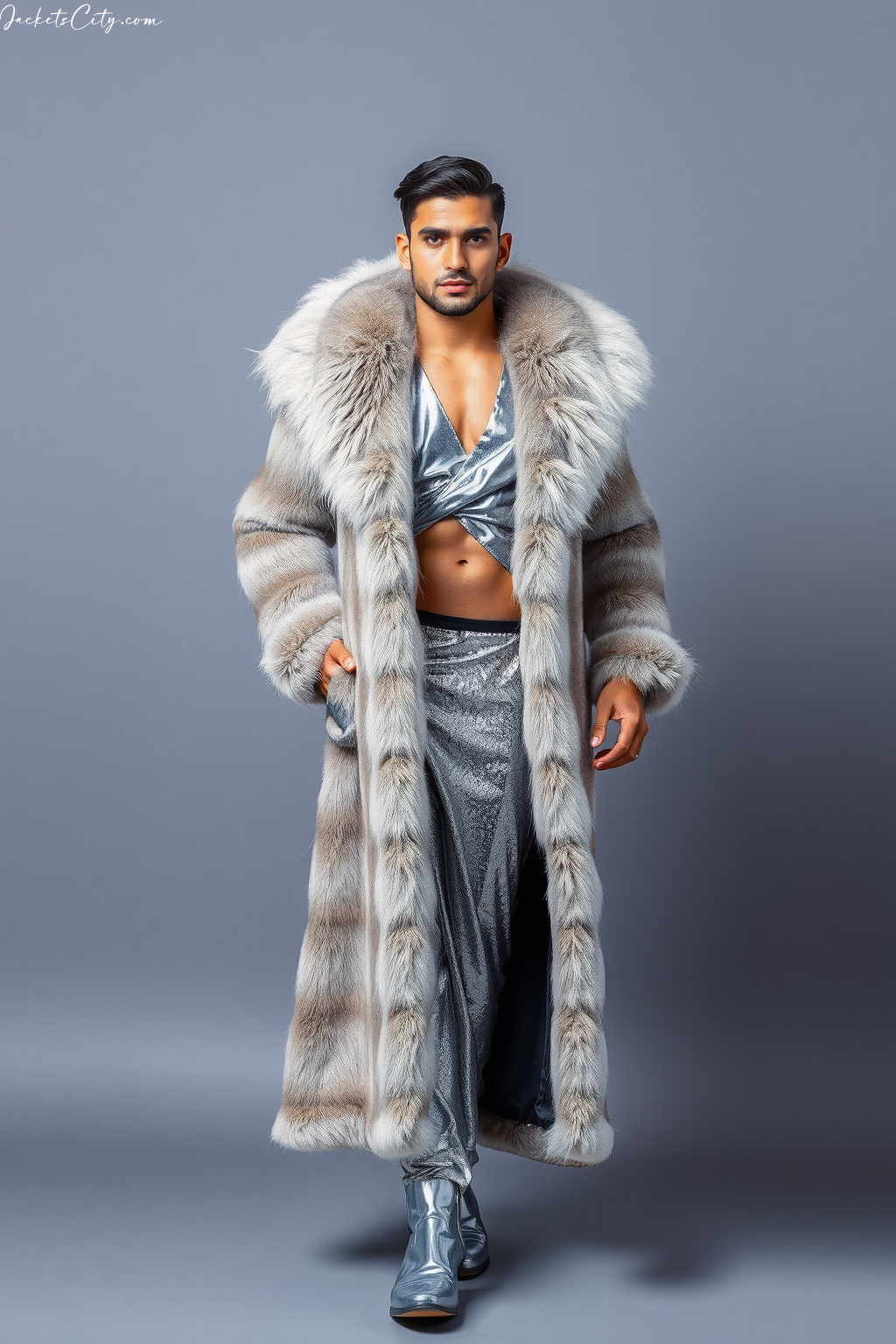 Silver Grey Long Fur Coat Metallic Dress