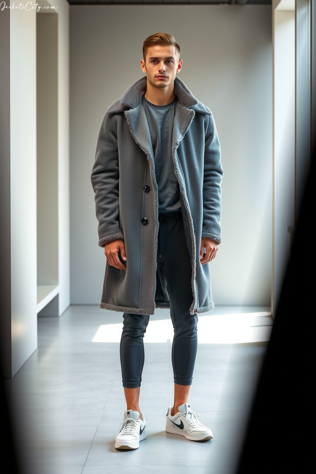 Slate Grey Long Teddy Coat Athletic Wear Underneath