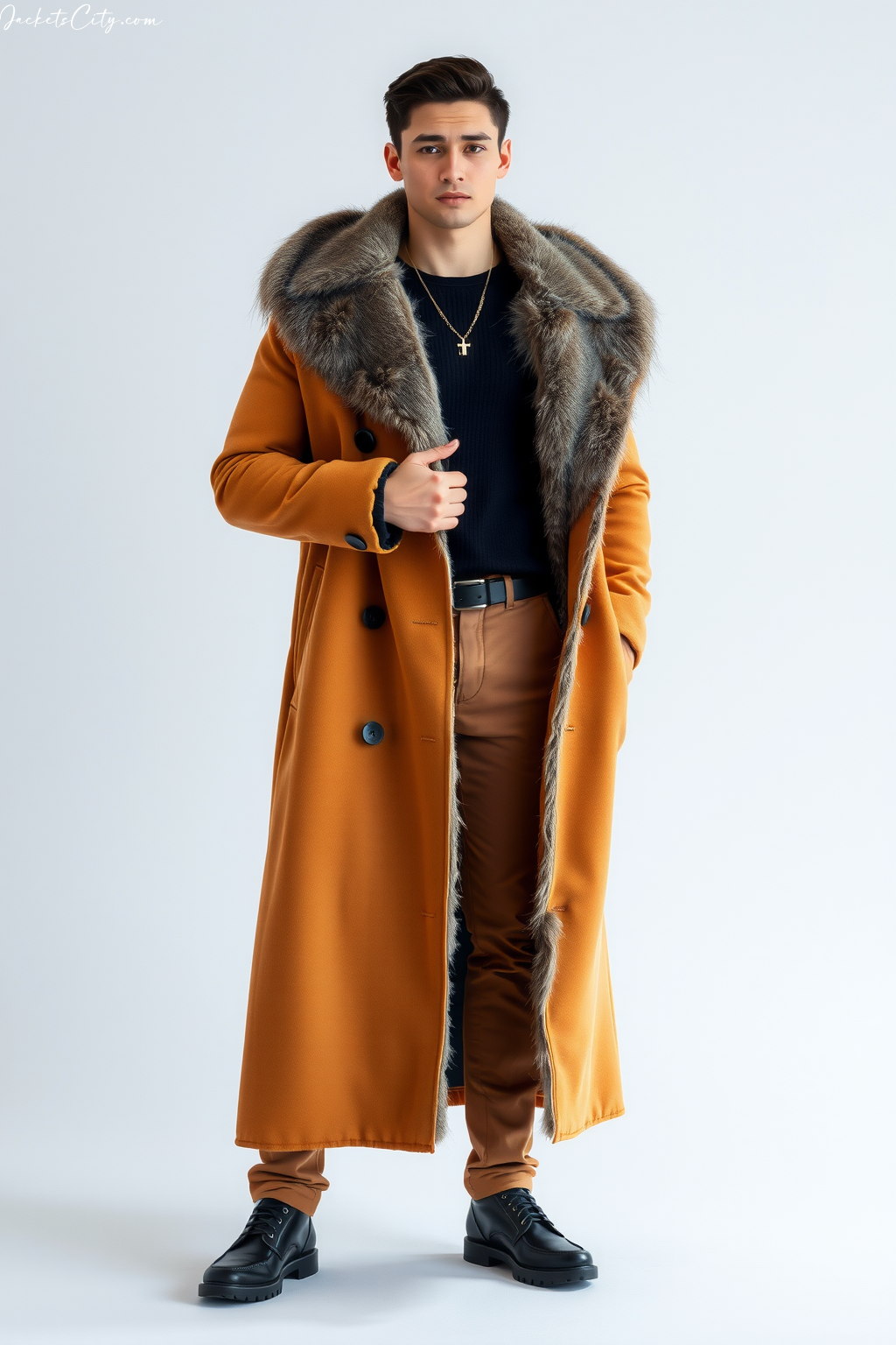 Tan Reversible Long Fur Coat Versatile Styling