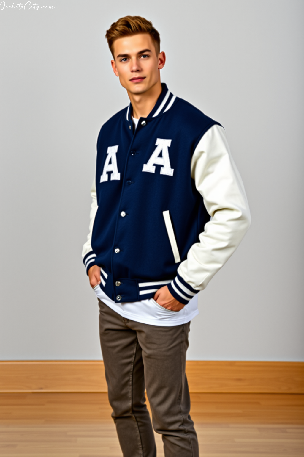 Navy Blue and White Premium Wool Varsity Jacket