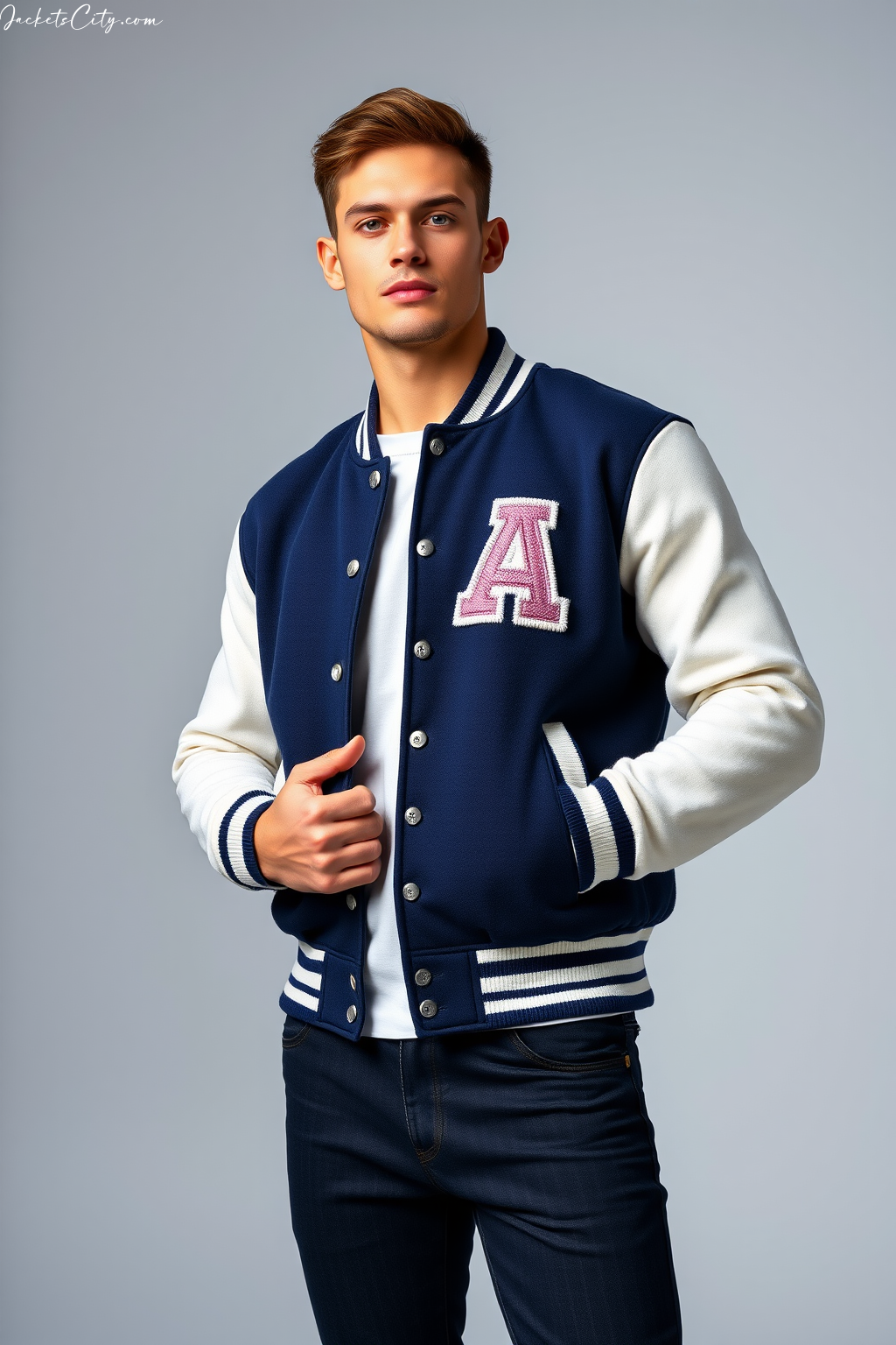 Navy Blue and White Varsity Jacket with Chenille Letter Patch