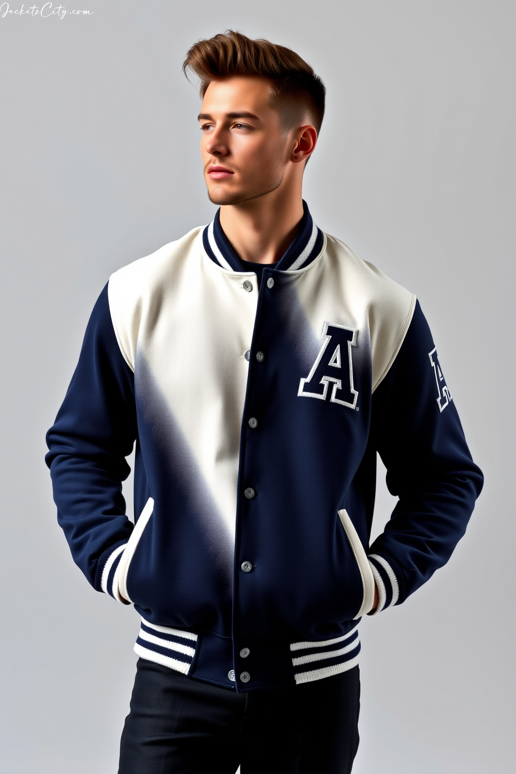 Navy Blue and White Varsity Letterman Jacket - Classic Collegiate Design