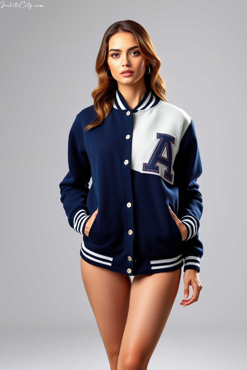 Women’s Navy Blue White Letterman Jacket – Premium Wool Body