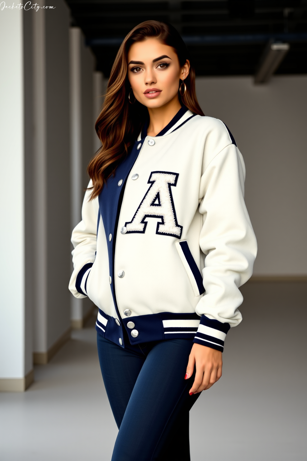 Navy Blue White Women’s Varsity Jacket – Authentic Wool Body