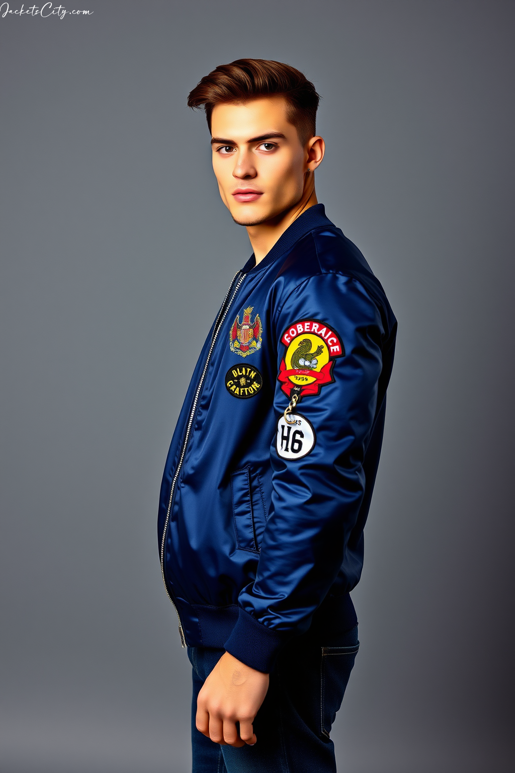 Navy Blue Satin Bomber Jacket