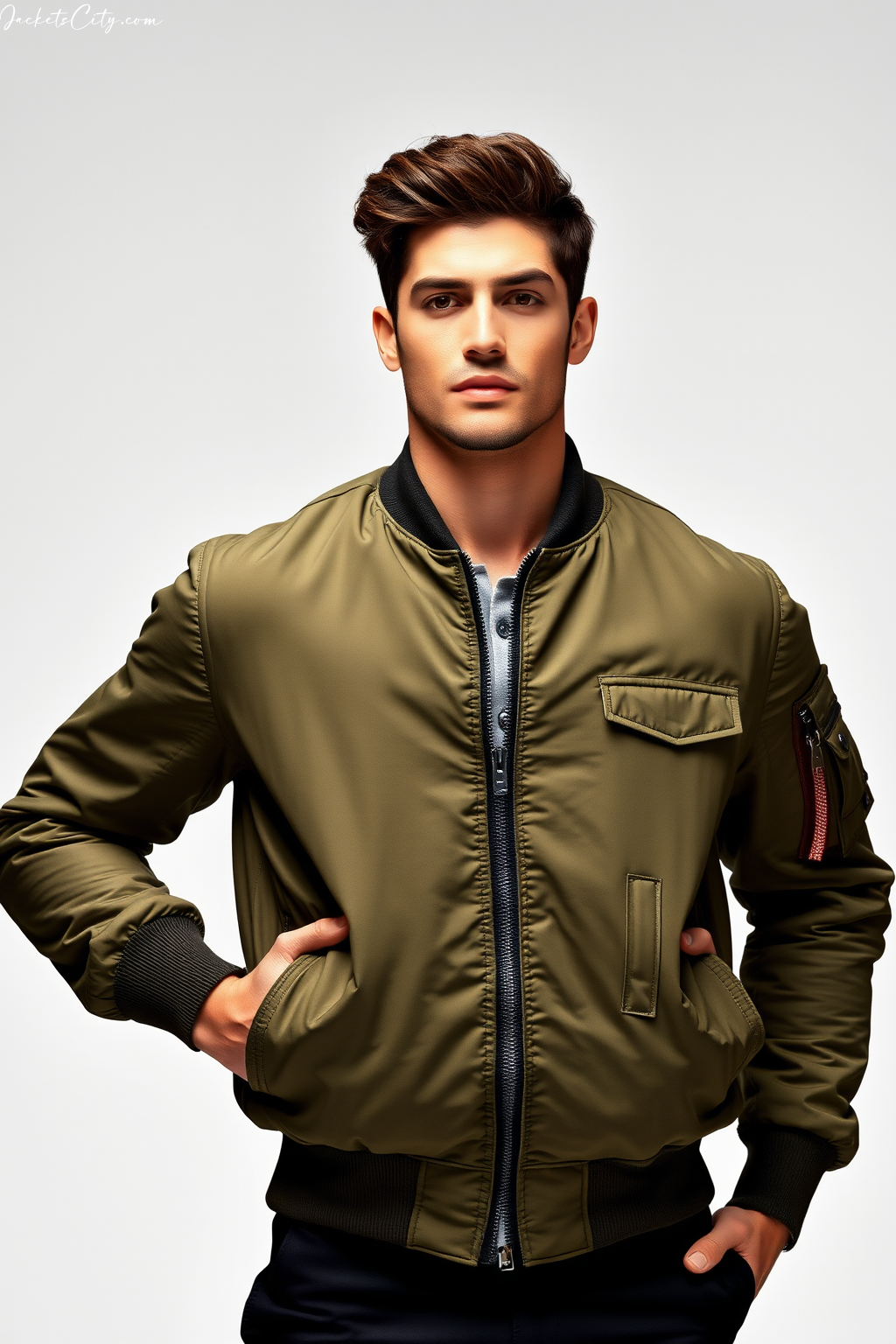 Olive Green Nylon Bomber Jacket