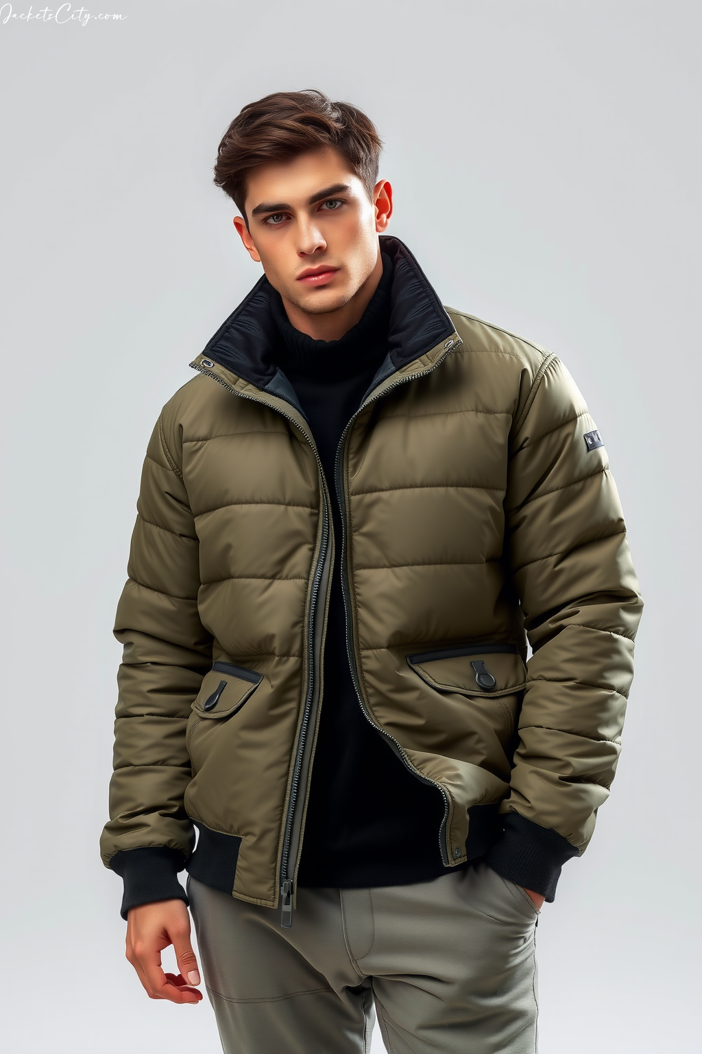 Olive Quilted Liner Jacket – Contemporary Men’s High Collar Jacket