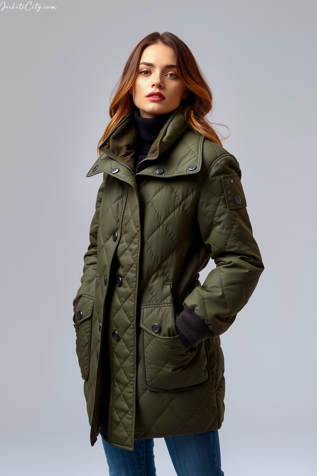 Women's Olive Quilted Liner Jacket - Premium High Collar Design
