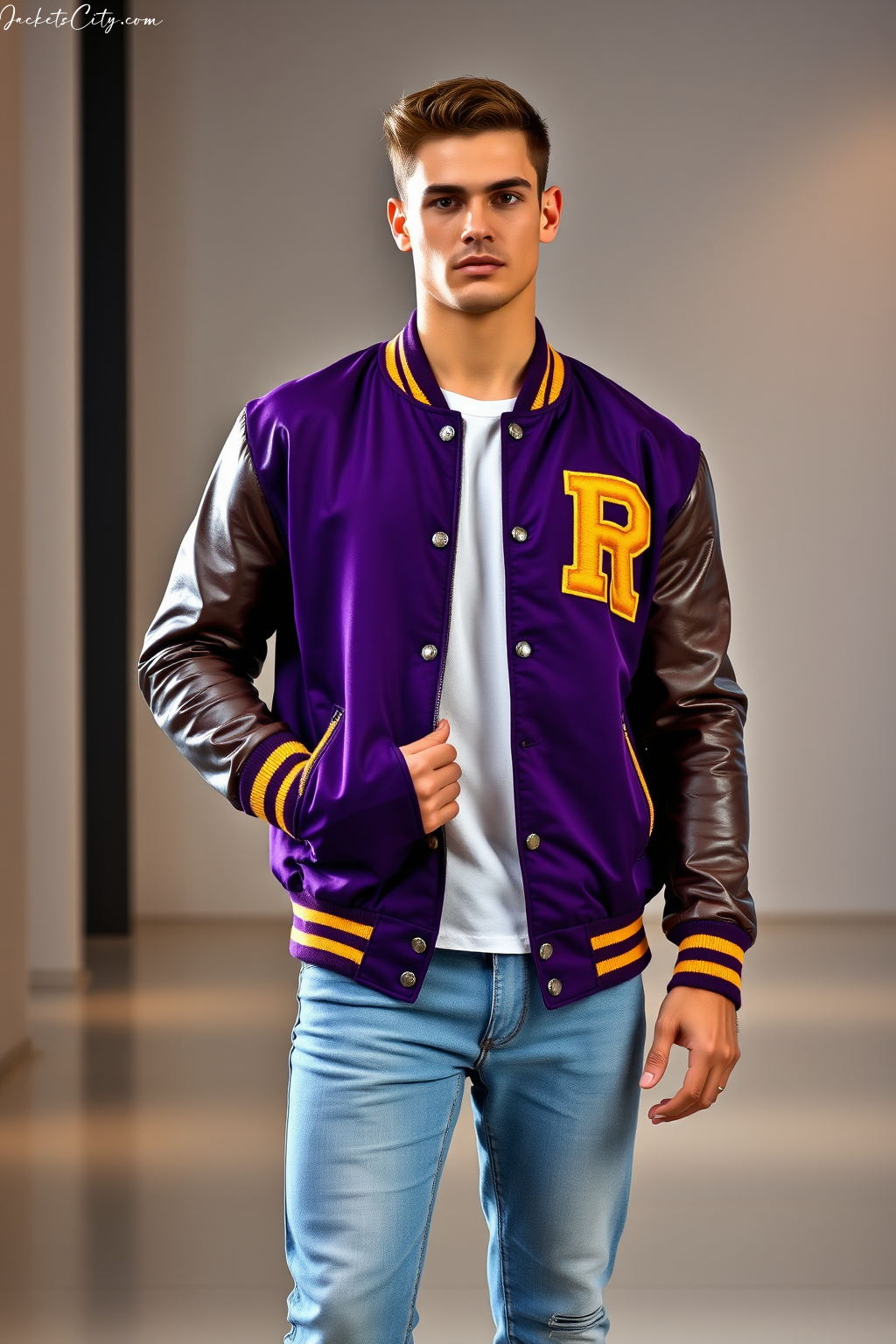 Purple and Gold Varsity Jacket with Striped Ribbed Cuffs