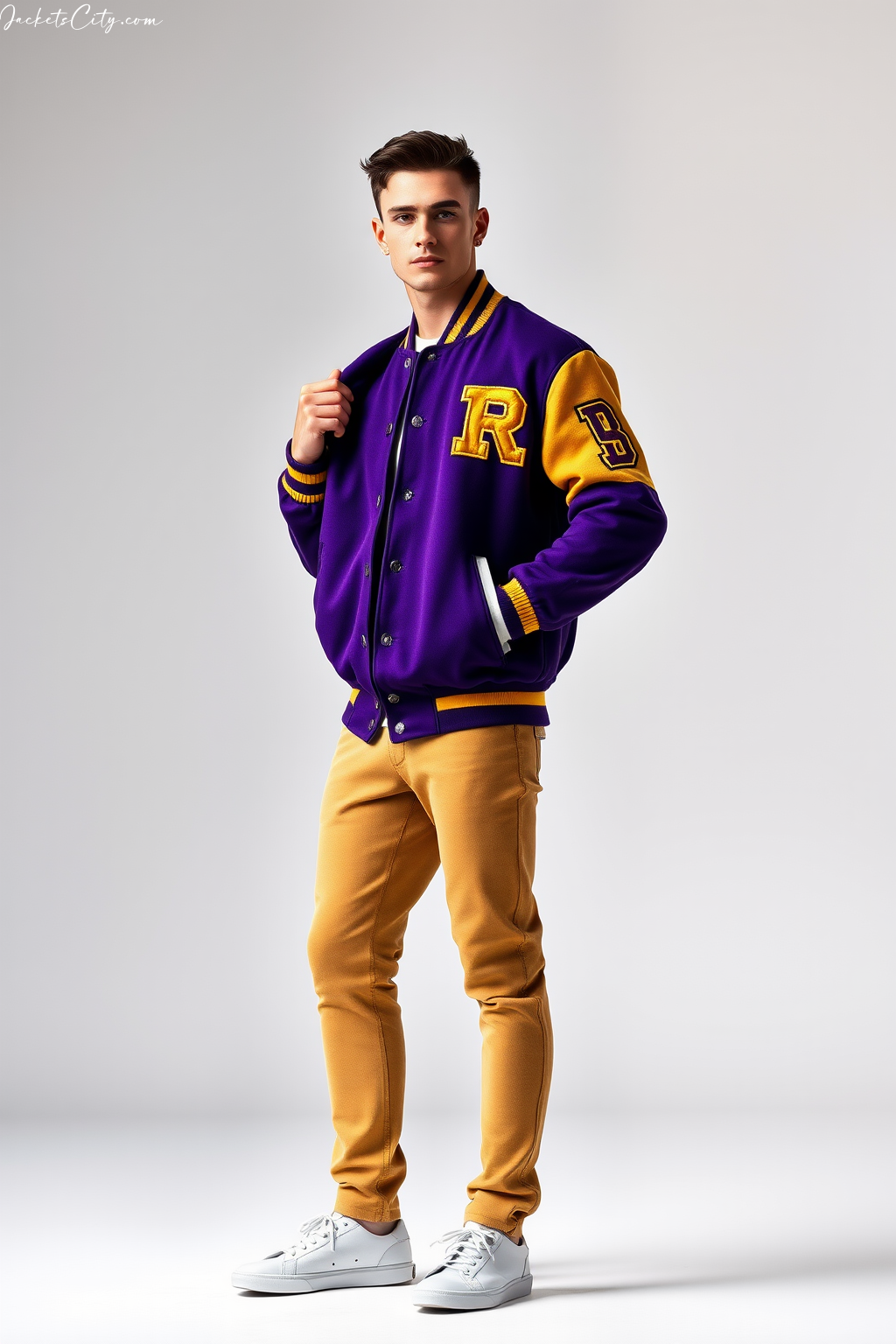 Purple and Gold Varsity Jacket with Contrast Sleeves