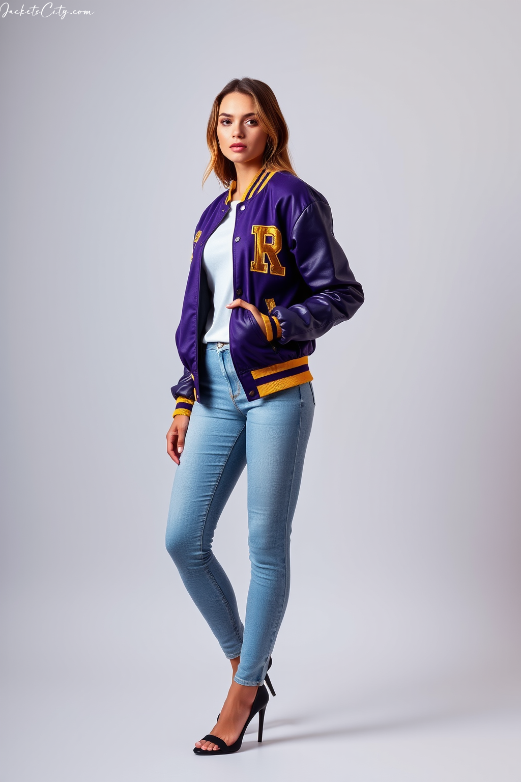 Women’s Purple Gold Letterman Jacket – Premium Leather Sleeves
