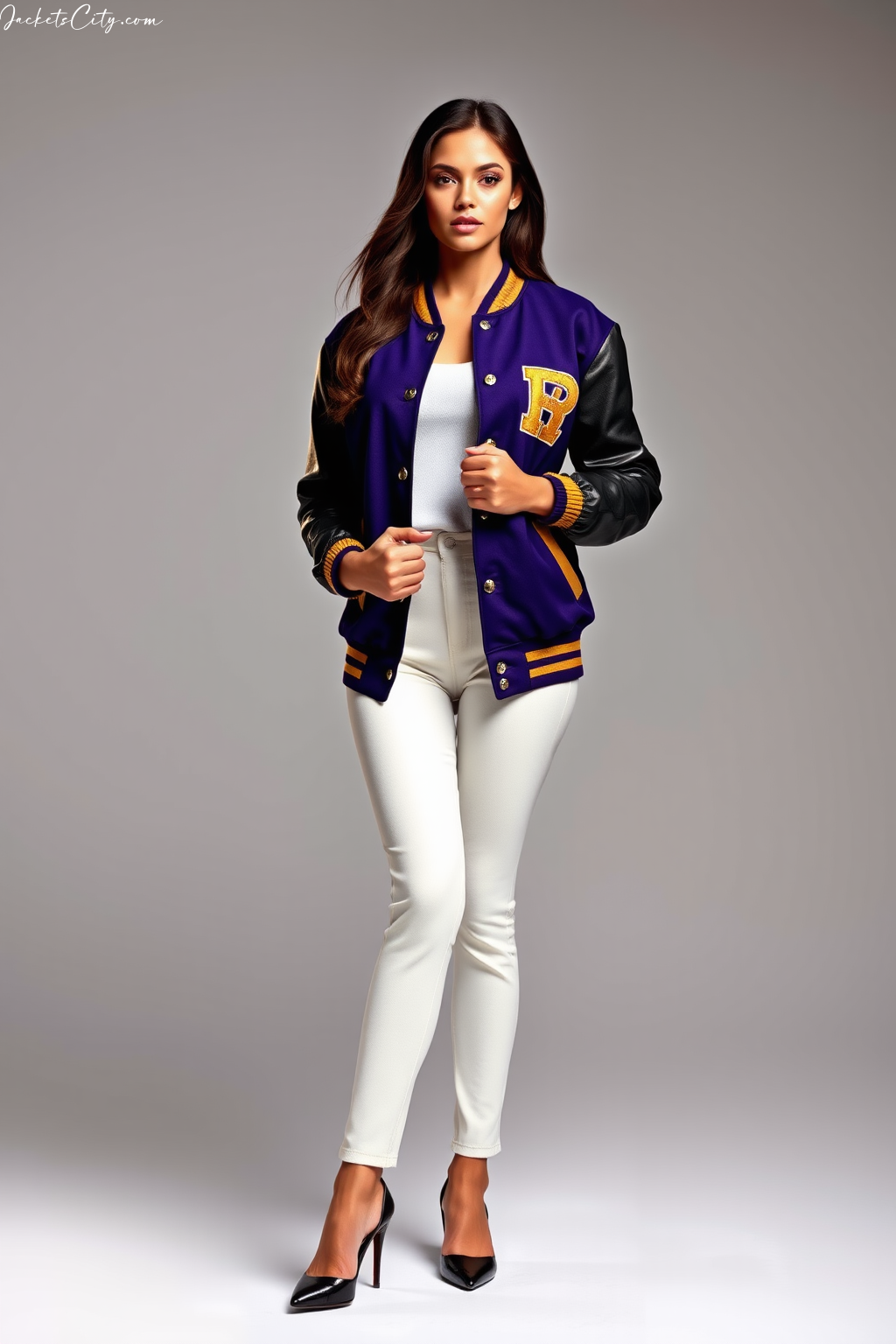 Purple Gold Women’s Letterman Jacket with Leather Sleeves – Varsity Style Perfection