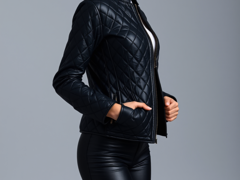 Quilted Black Leather Jacket: Diamond Stitching with Zip Front