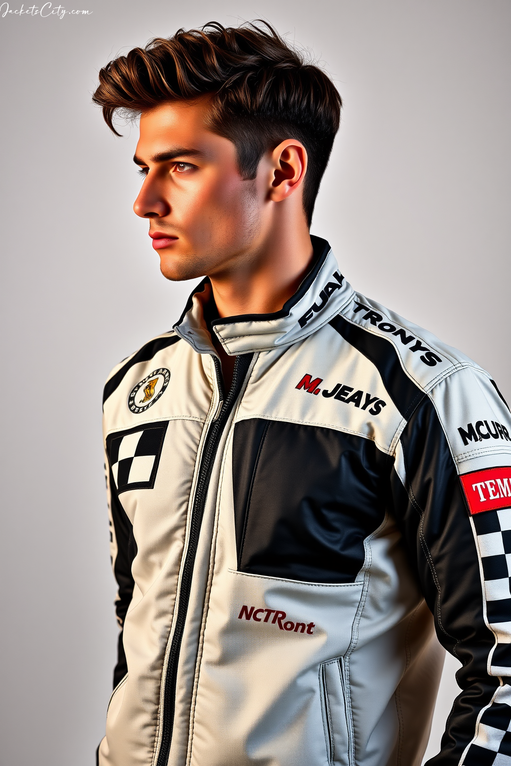 Racing Jacket with Checkered Flag Details and Sponsor Patches