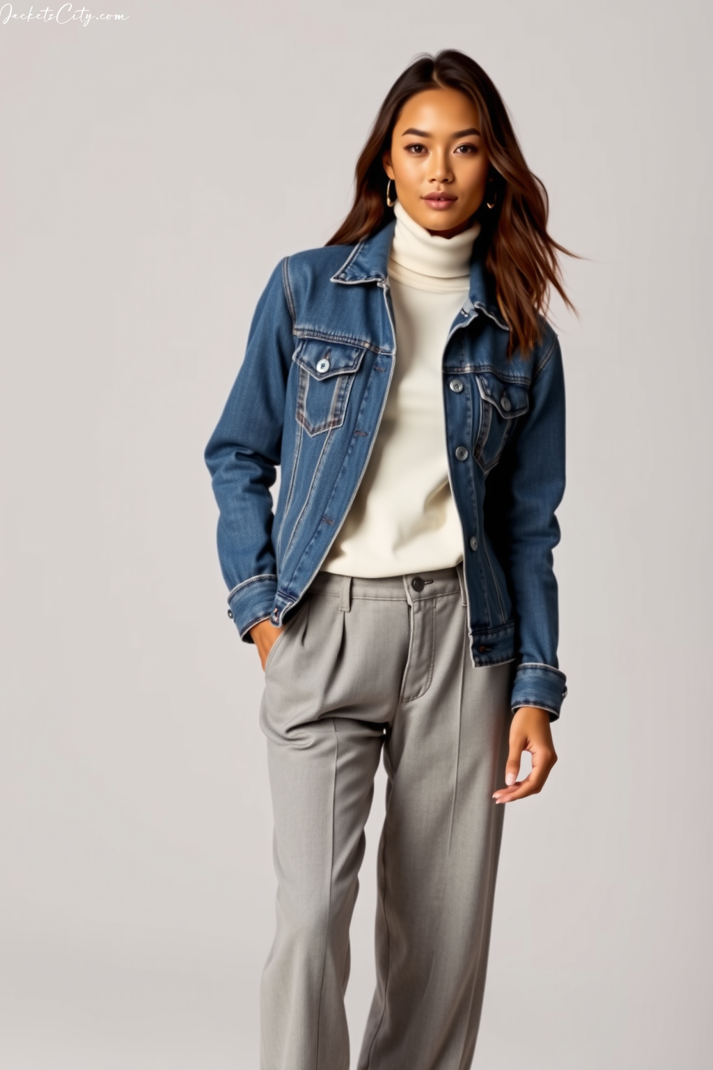 Women's Style: Raw Denim Jacket with White Turtleneck