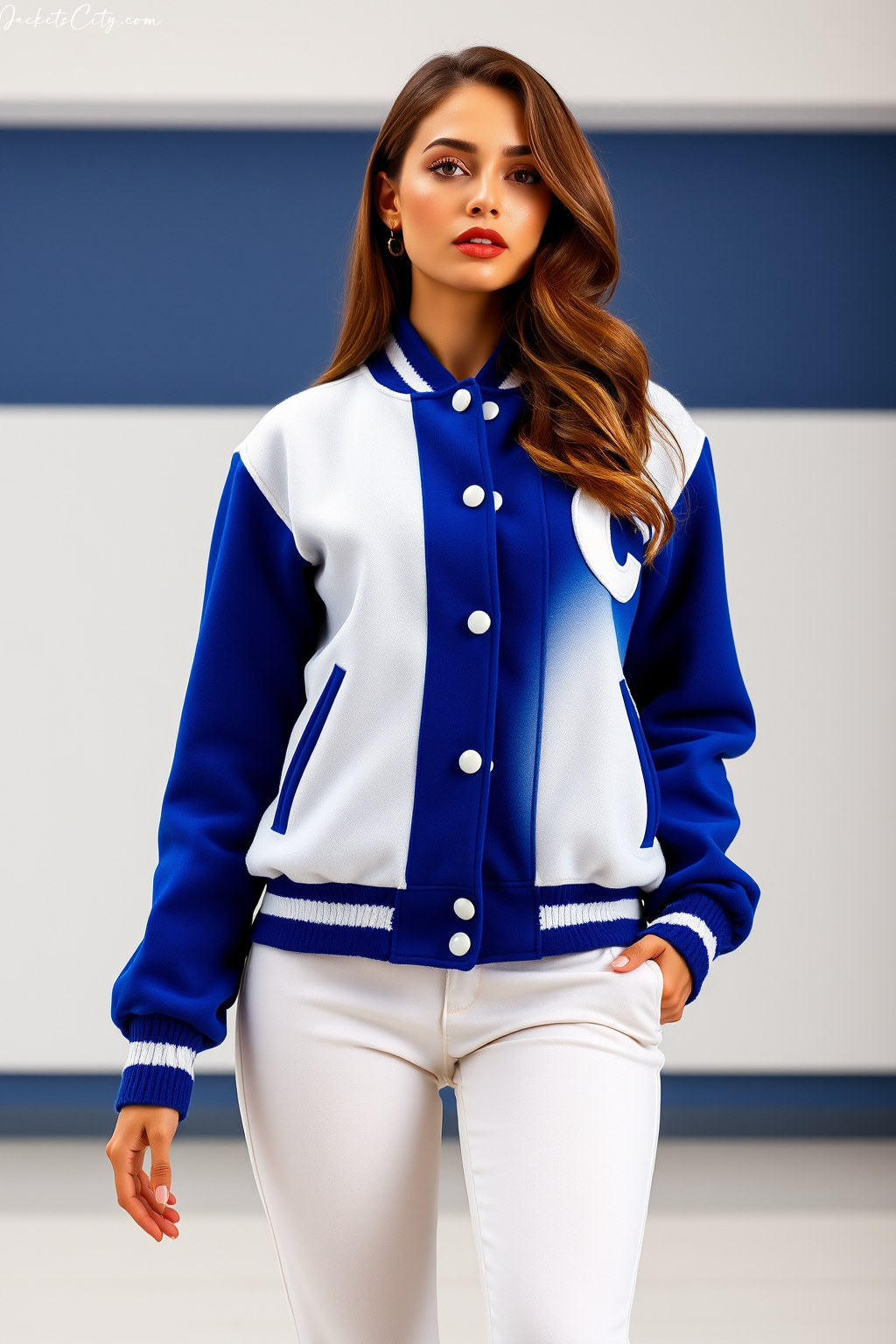 Royal Blue White Women’s Letterman Jacket with Premium Wool – Varsity Style Perfection