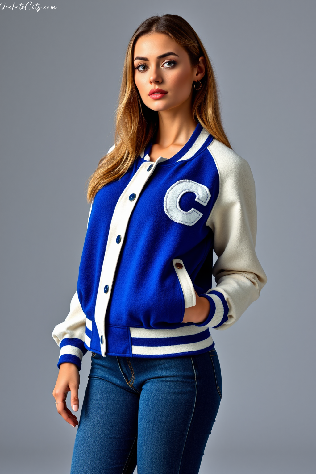 Royal Blue White Varsity Jacket for Women – Classic Premium Wool Style