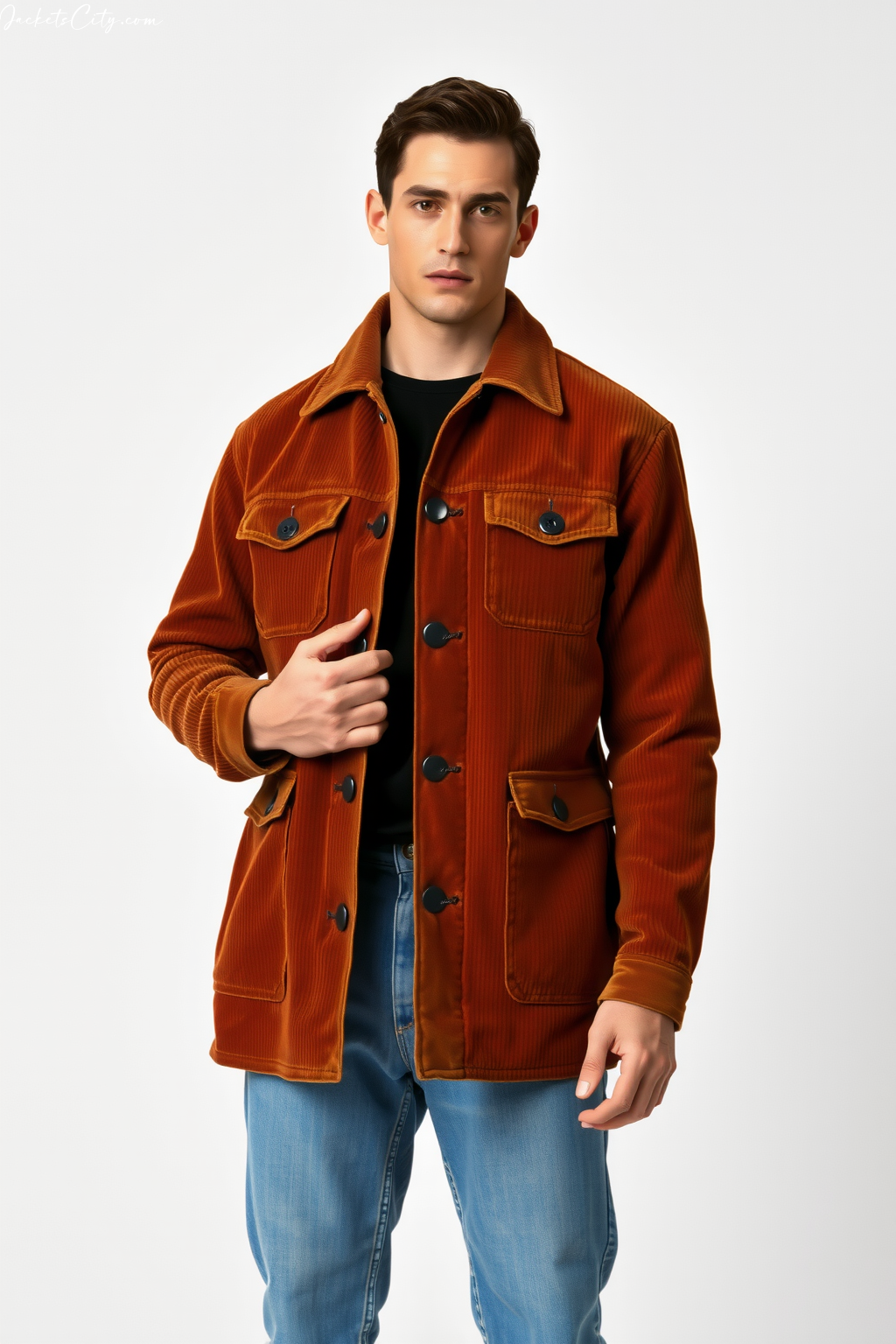 Premium Rust Corduroy Chore Coat - High Collar Style for Men