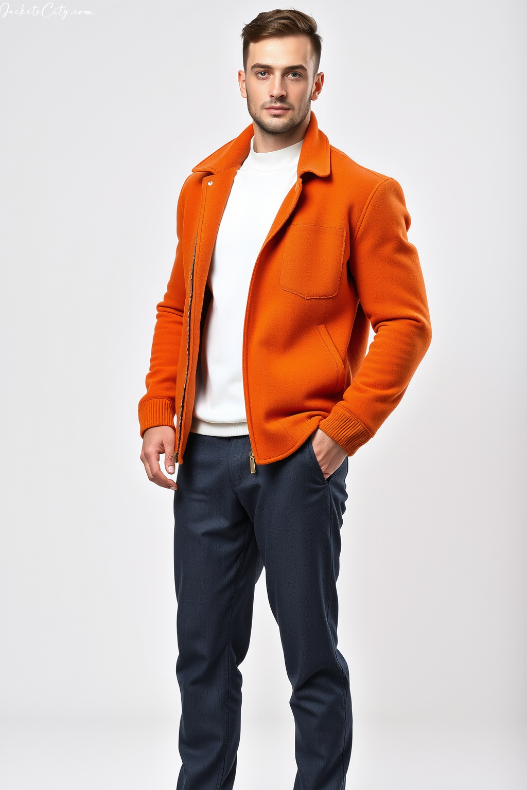 Rust Orange Wool Jacket - Contemporary Men's High Collar Jacket