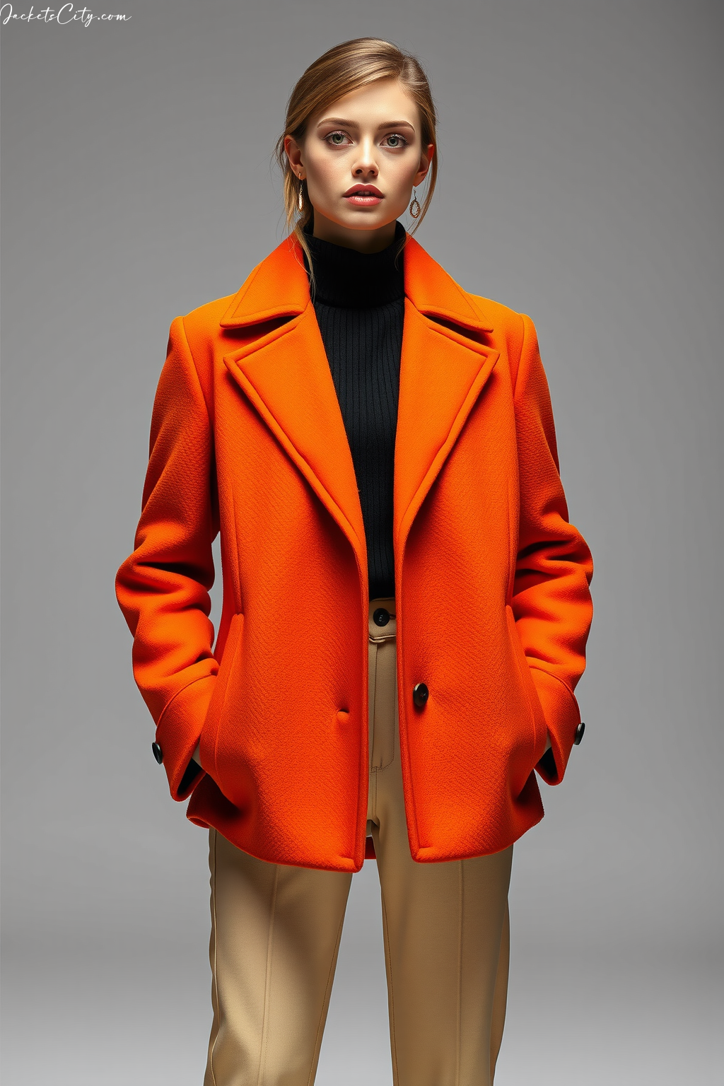 Elegant Rust Orange Wool Jacket - High Collar Style for Women