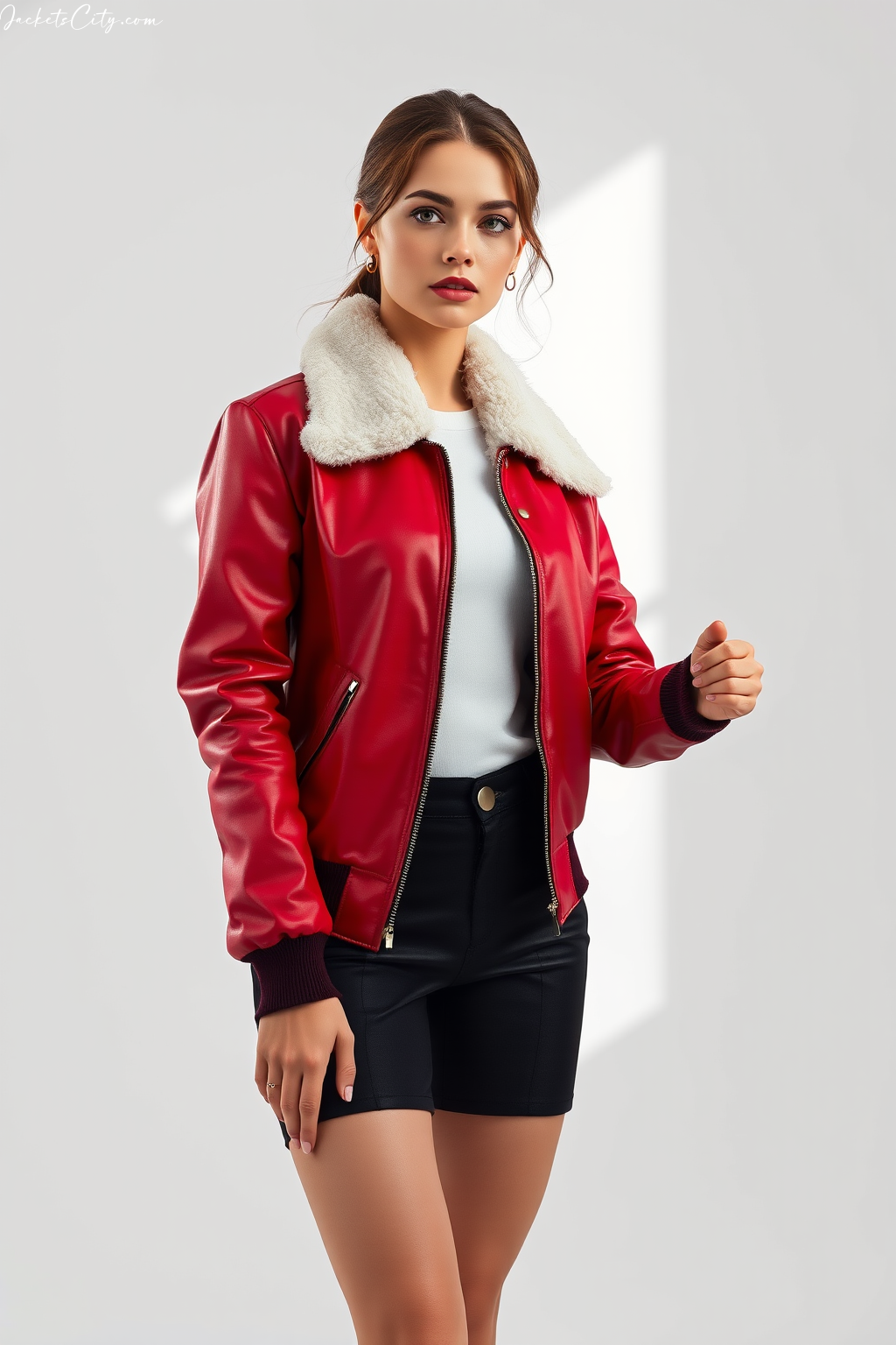 Scarlet Red Leather Bomber: Shearling Collar and Vintage Aviator Style