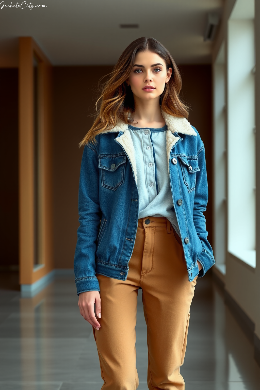 Chic Look: Sherpa Collar Denim Jacket and Henley Shirt