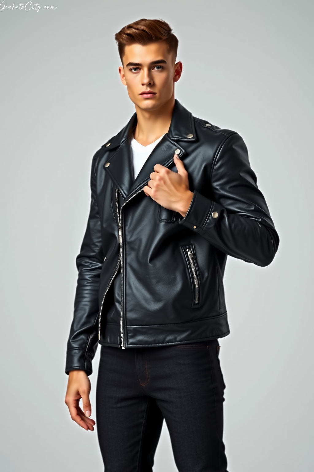 Sleek Black Leather Moto Jacket: Minimalist Design with Zip Cuffs