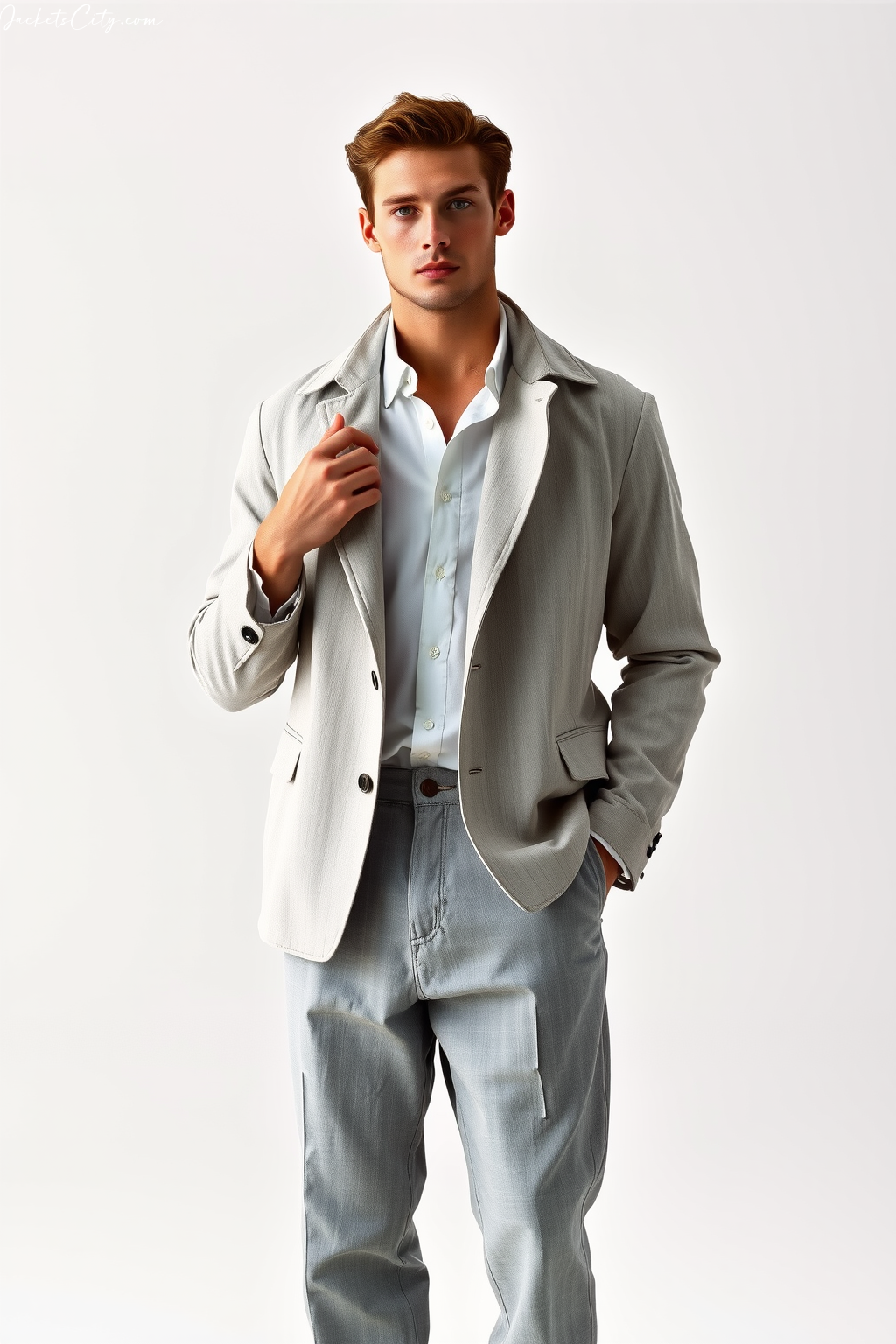 Stone Grey Linen Blend Jacket - Contemporary Men's High Collar Jacket