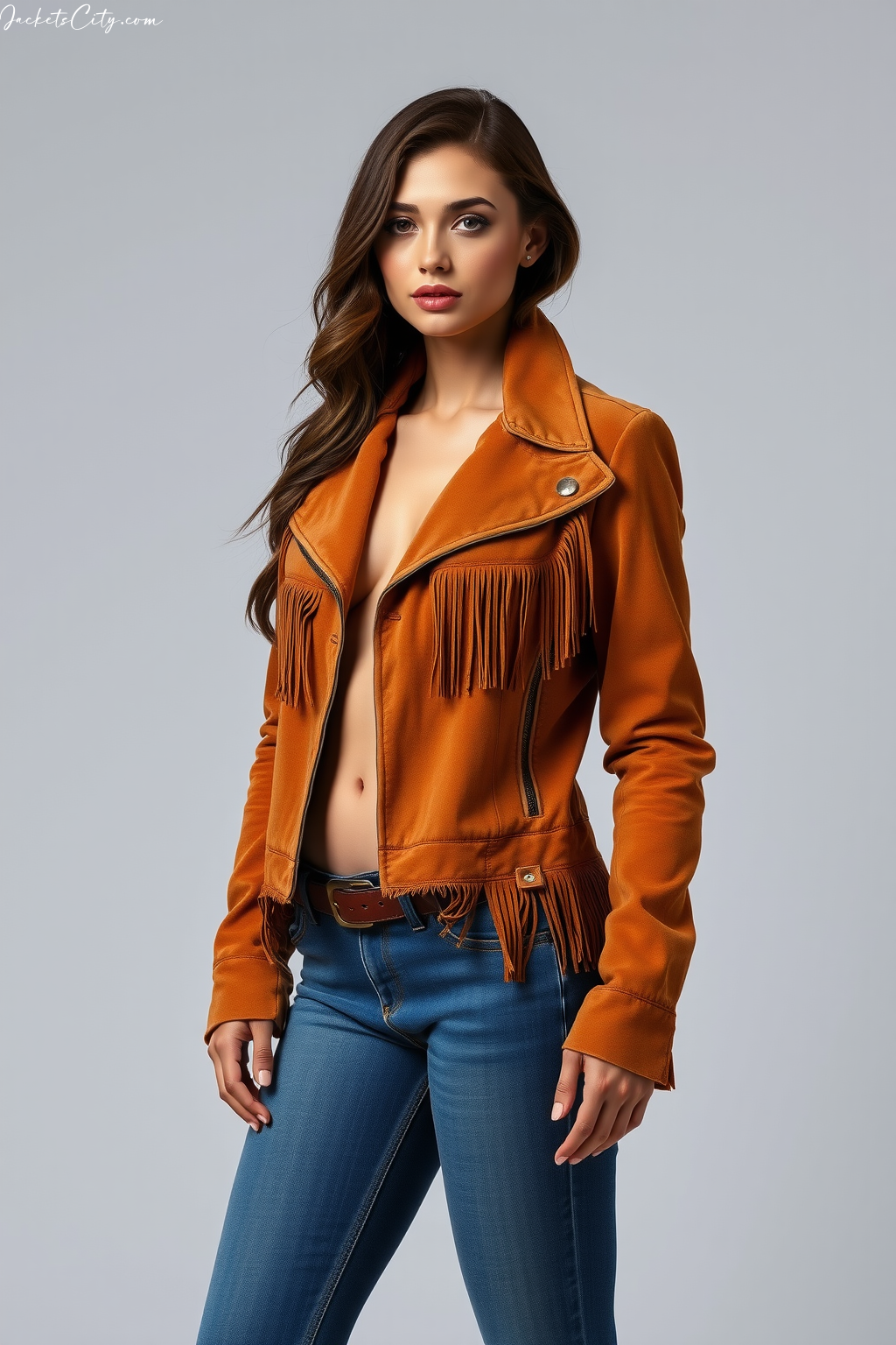 Elegant Tan Suede Jacket - High Collar Style for Women