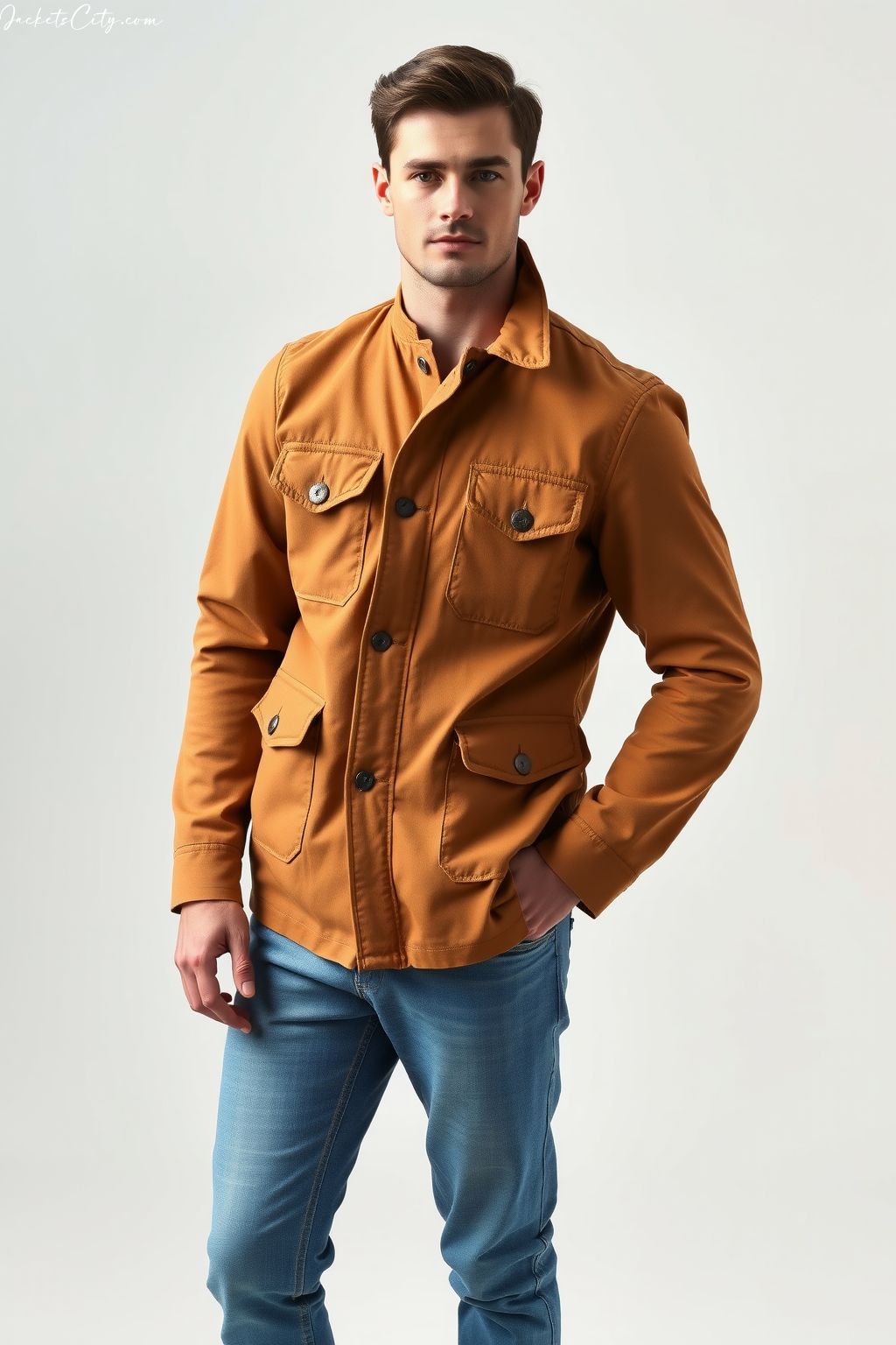Men's Tan Waxed Cotton Field Jacket - Modern High Collar Design