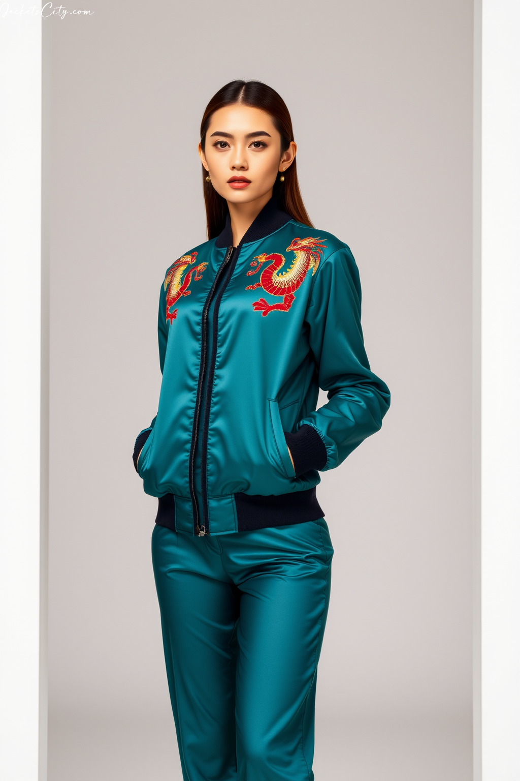 Teal Satin Bomber Jacket