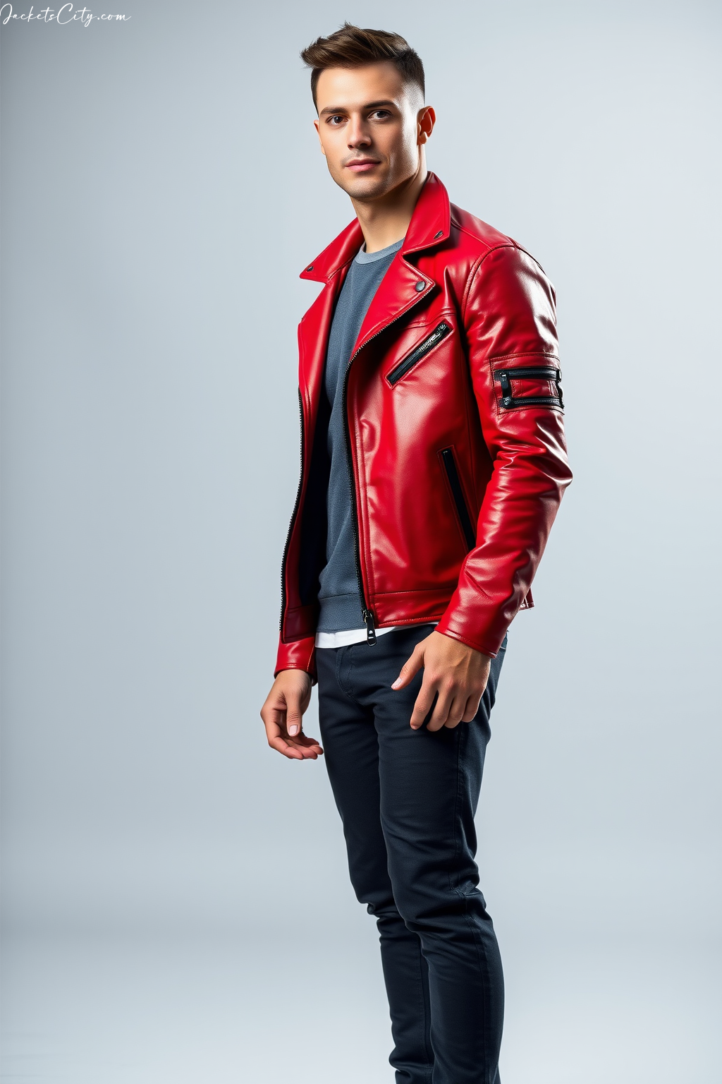 Vibrant Red Leather Jacket: Moto Style with Black Hardware