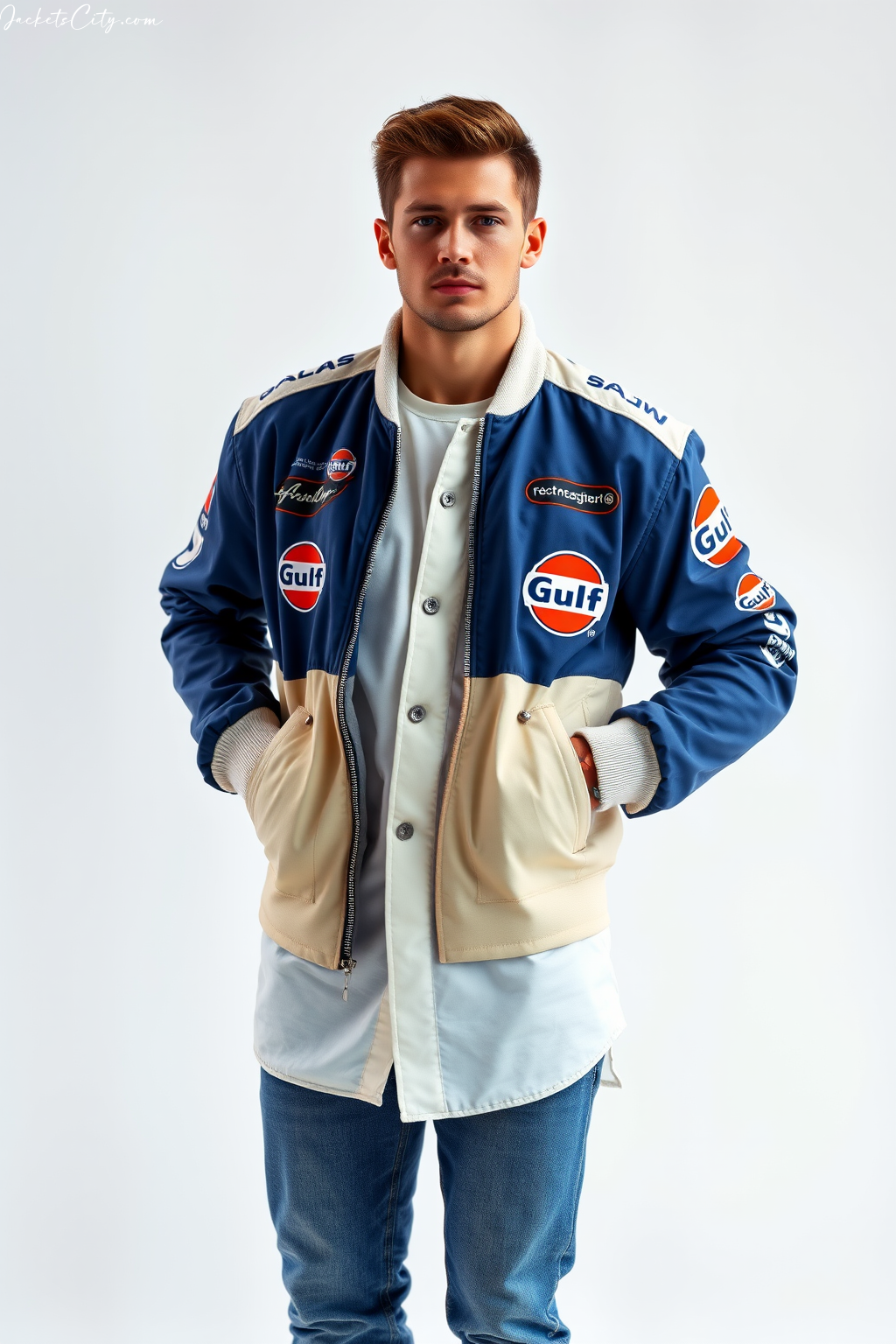 Vintage Racing Jacket: Retro Graphics in Gulf Oil Colors