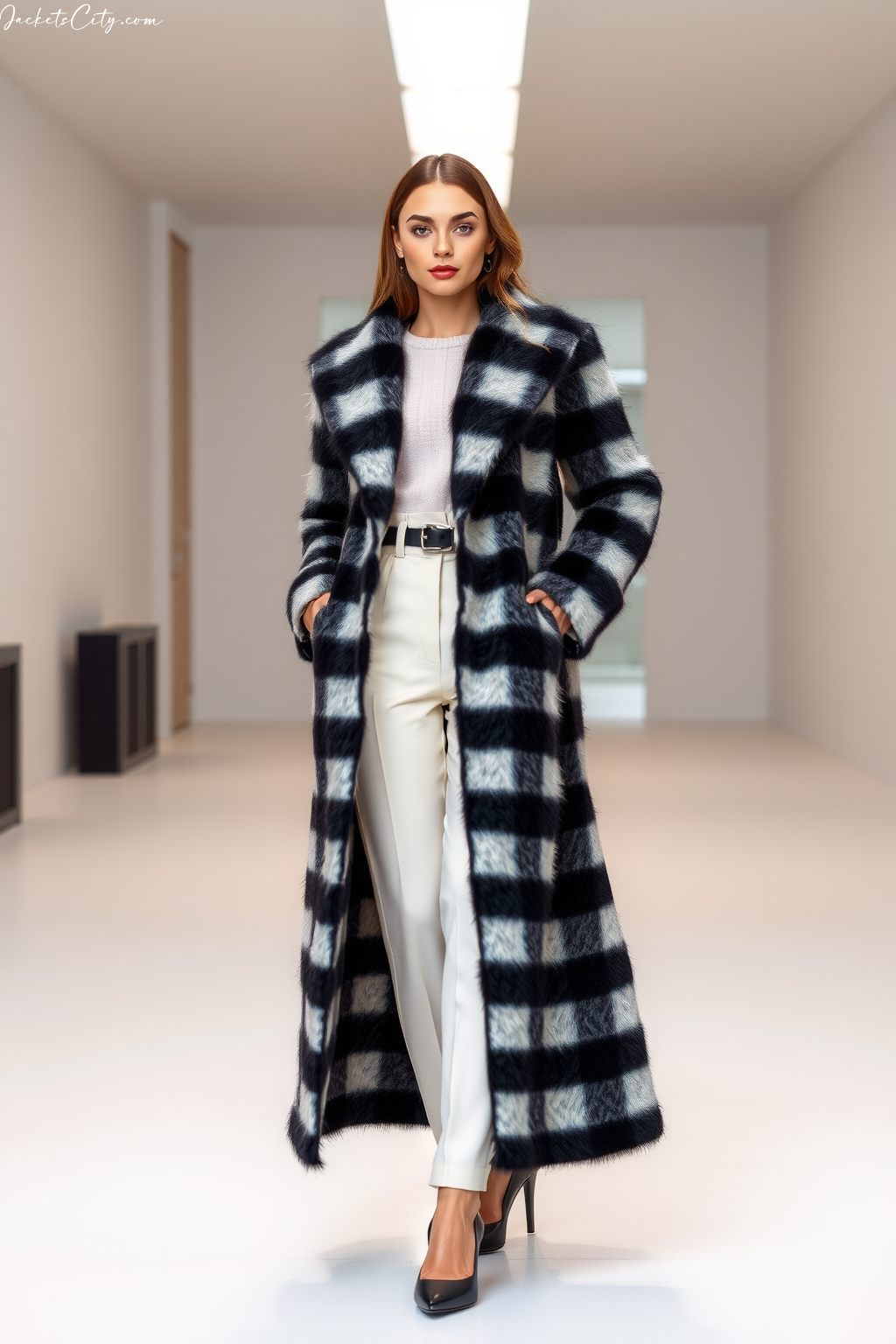 Black And White Checkered Long Fur Coat Minimalist Outfit