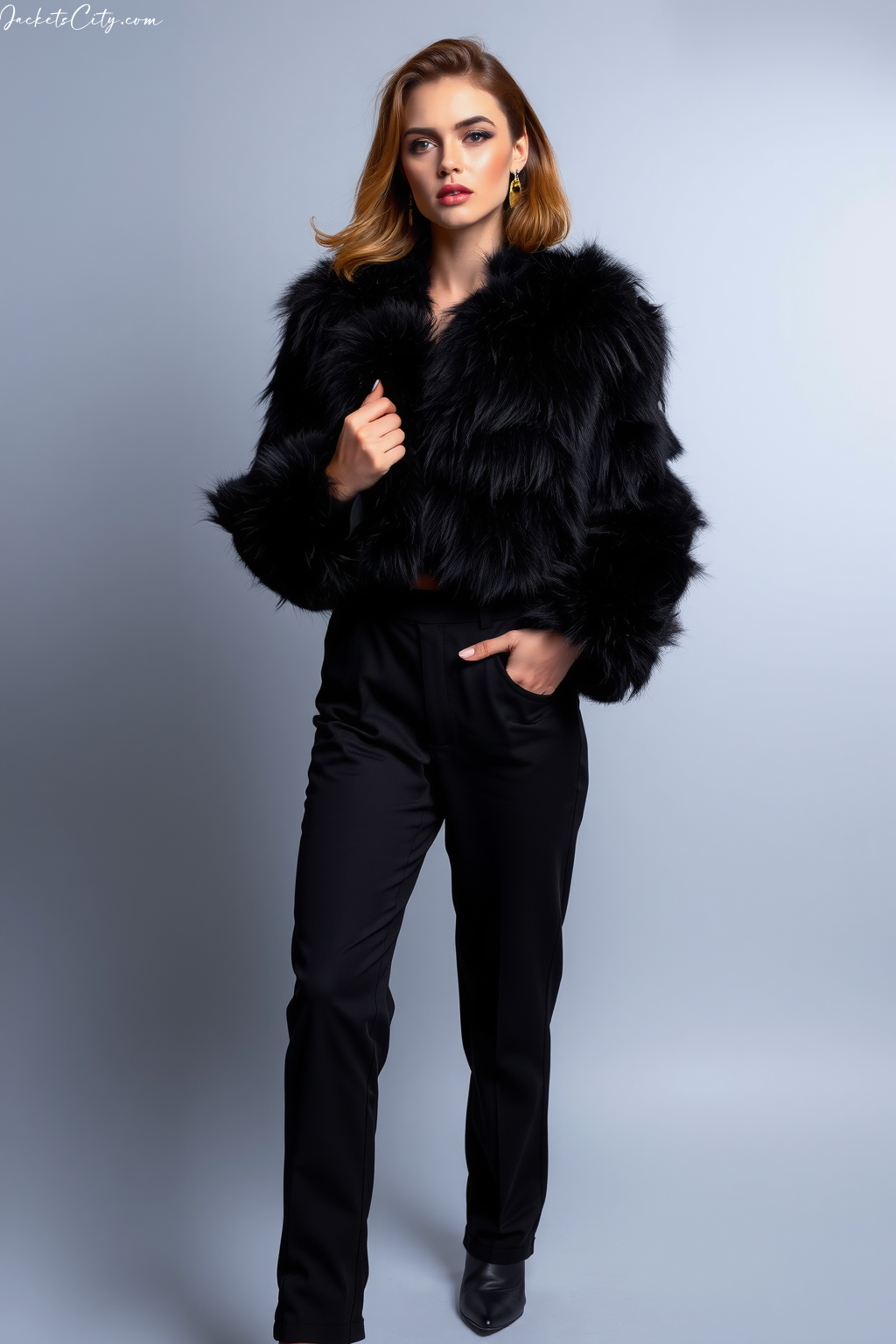 Black Faux Fur Cropped Jacket Black High-Waist Pants