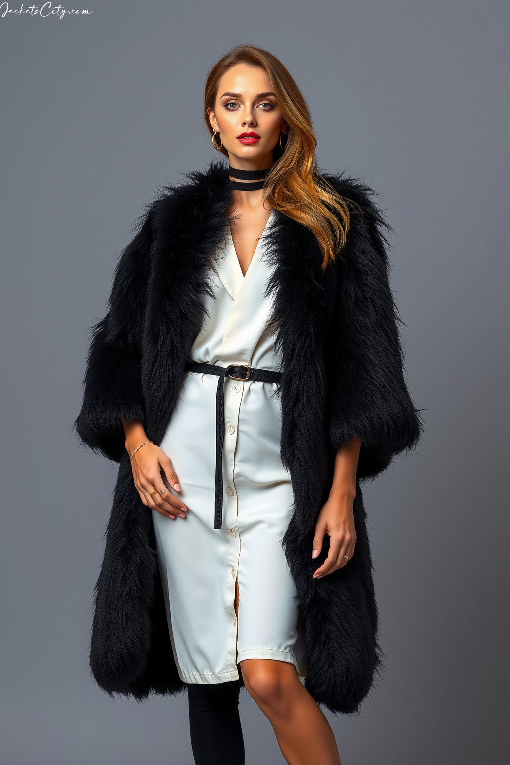 Black Faux Fur Kimono Coat Black Layers