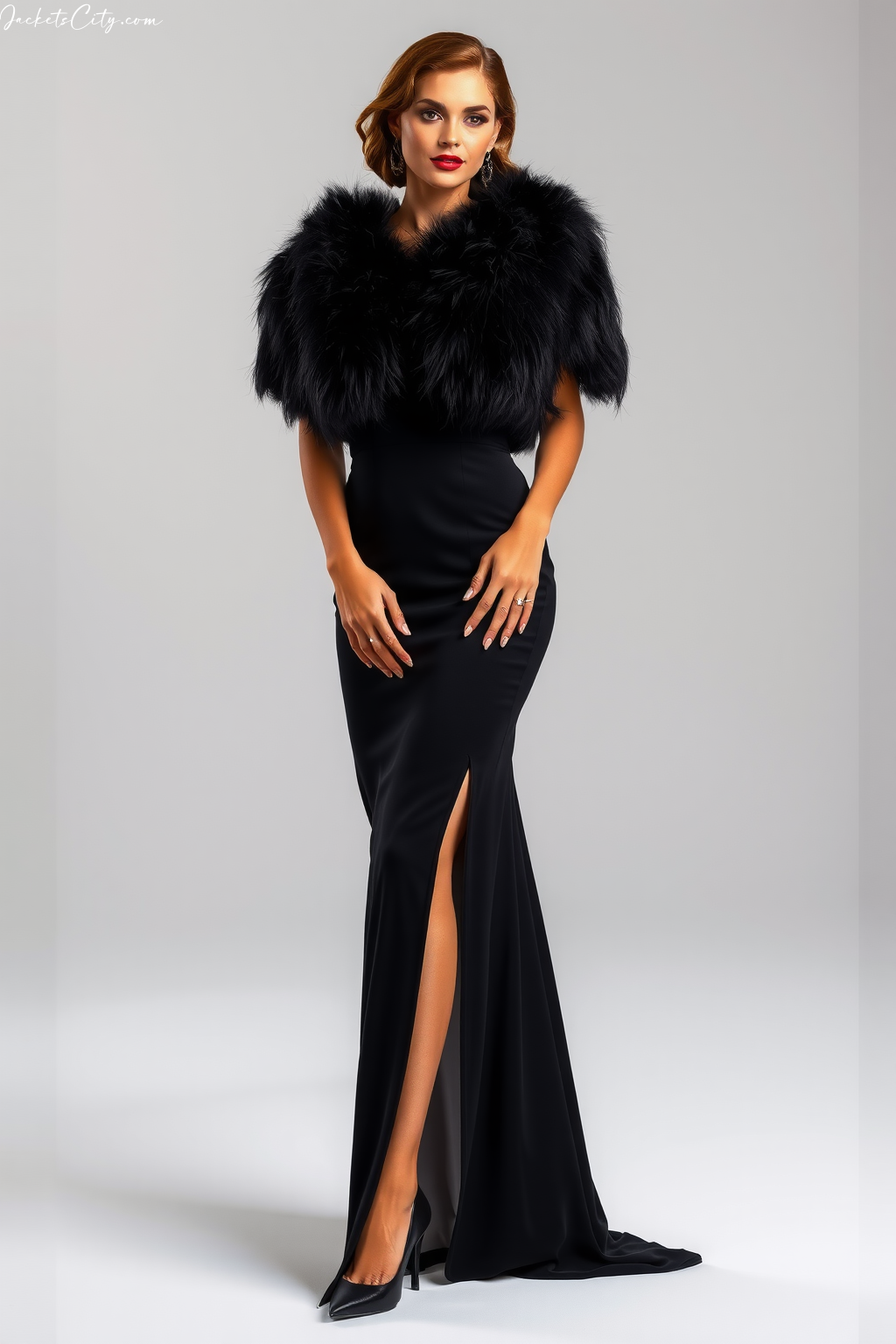 Black Fur Bolero Black Evening Dress