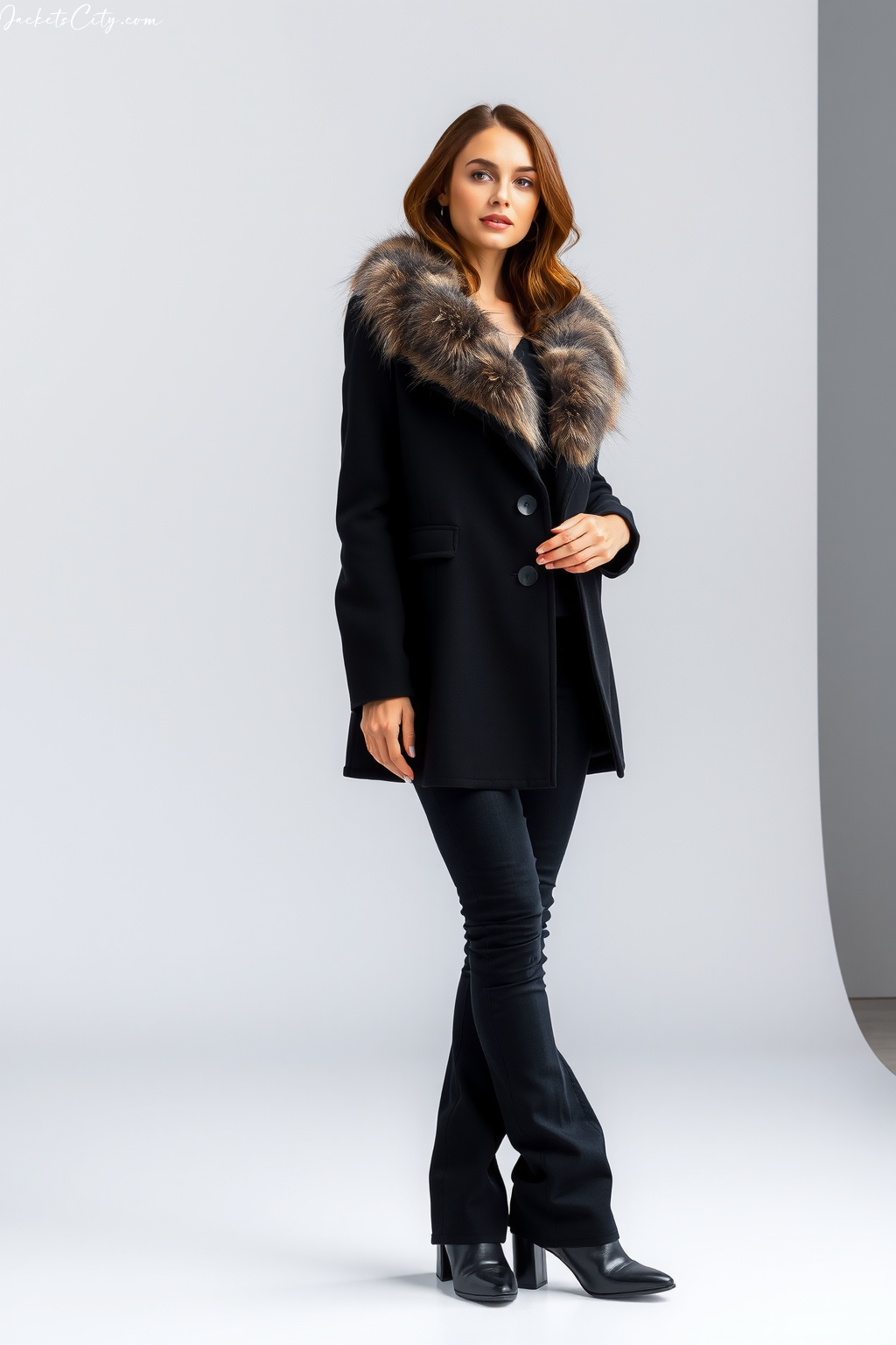 Black Fur Collar Coat Black Denim