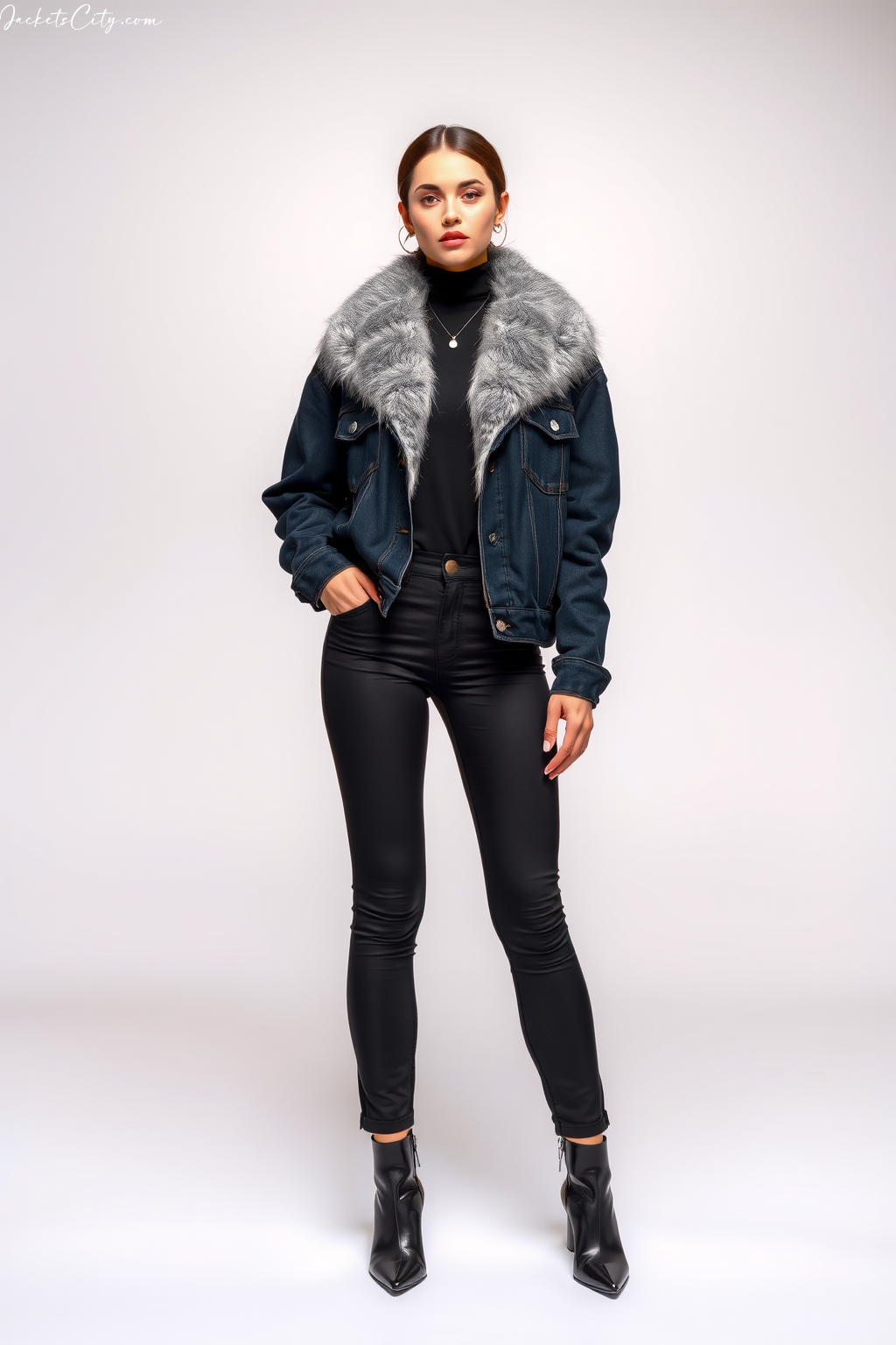 Black Fur Collar Denim Jacket Black Outfit