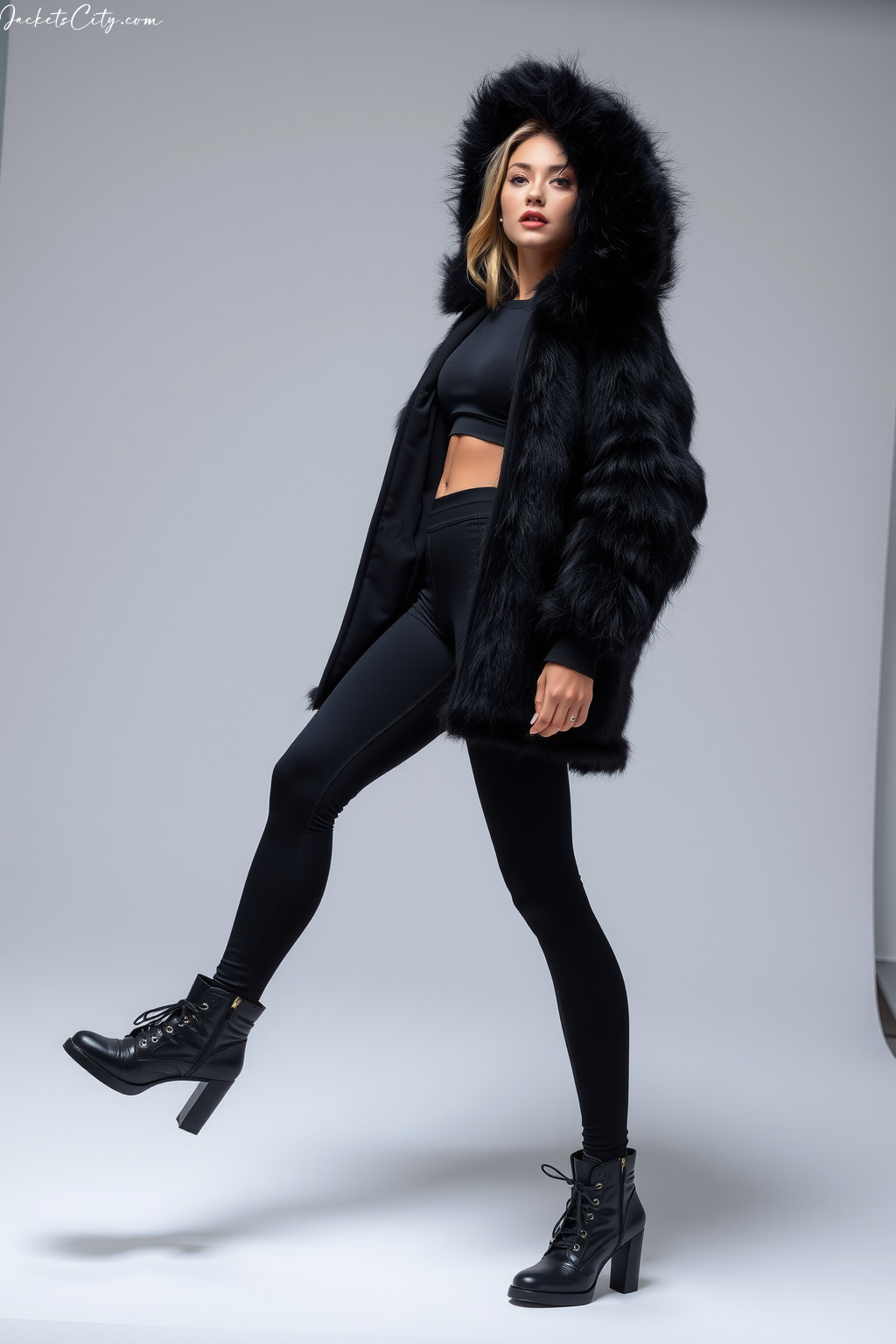 Black Fur Hood Coat Black Activewear