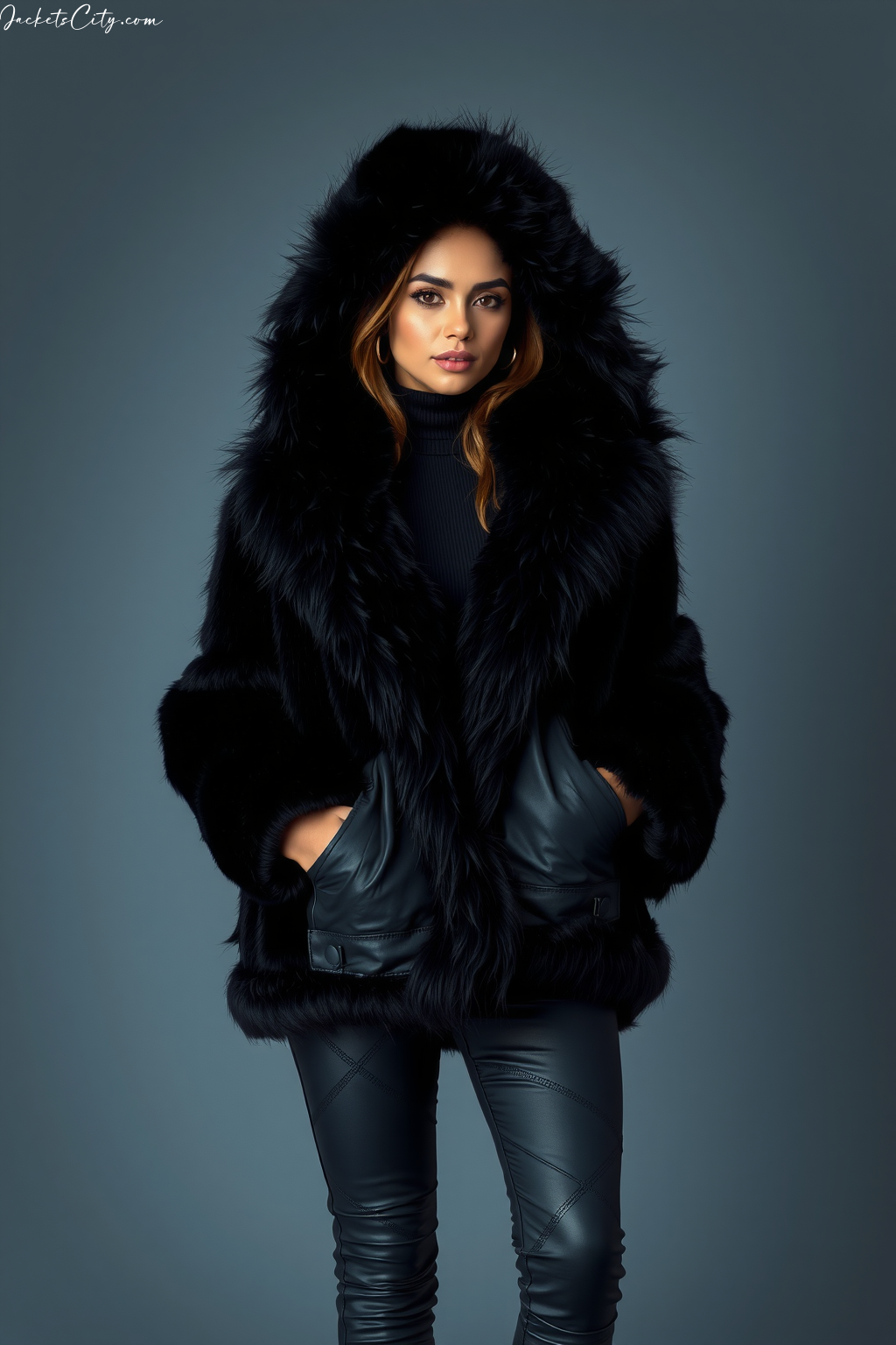 Black Fur Hooded Coat Black Streetwear